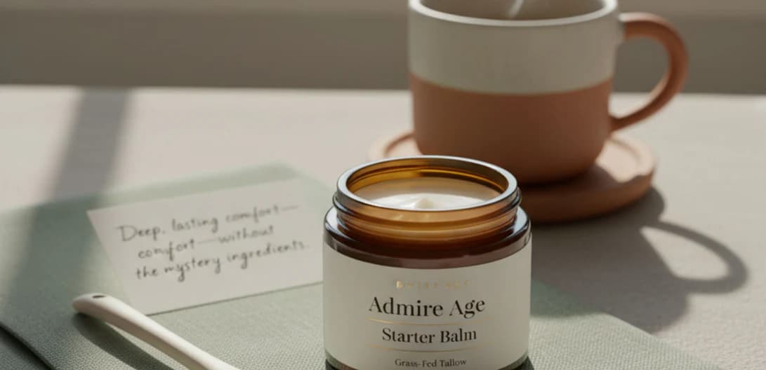 Open jar of tallow cream beside a mug