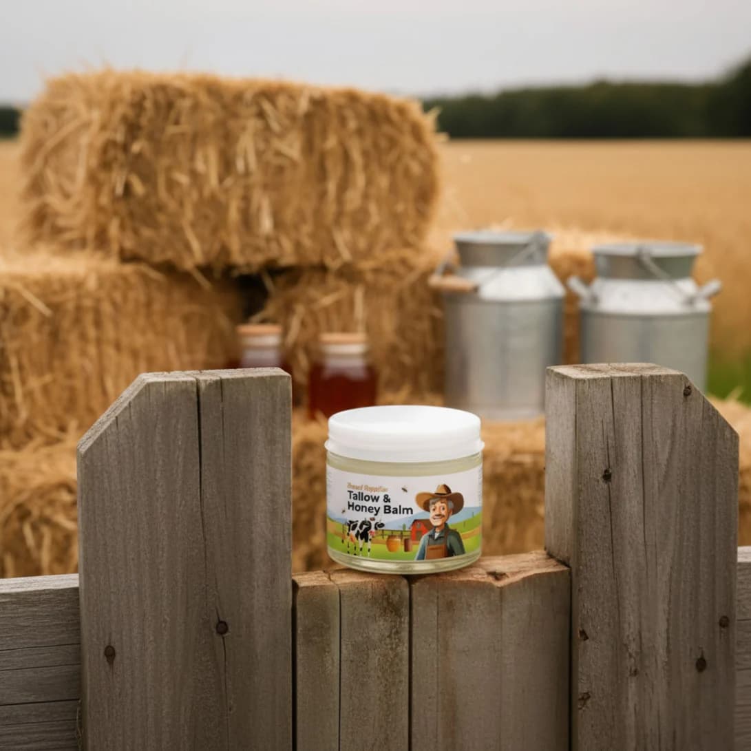 Based Supplies Tallow & Honey Balm on a rustic farm fence with hay bales and honey jars