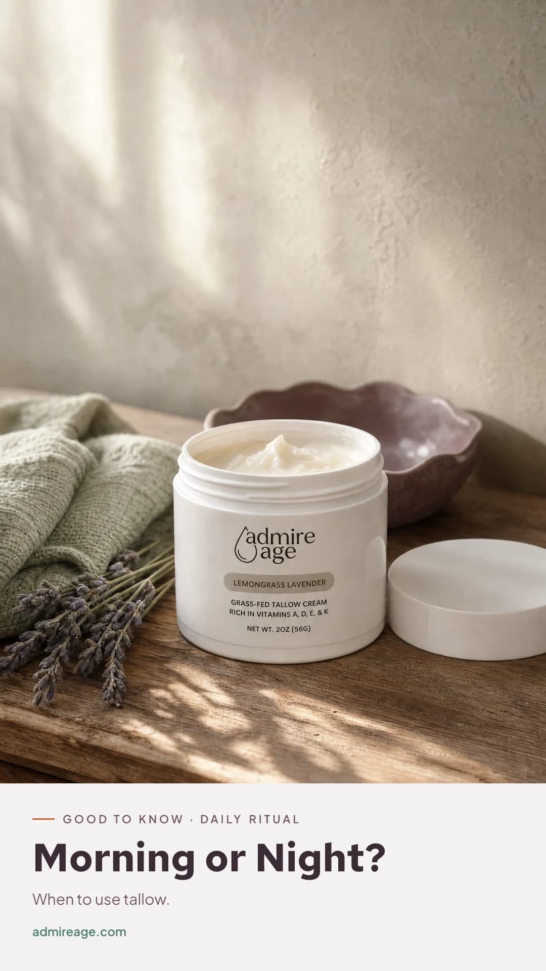 A calm vanity scene with a tallow cream jar at dawn.
