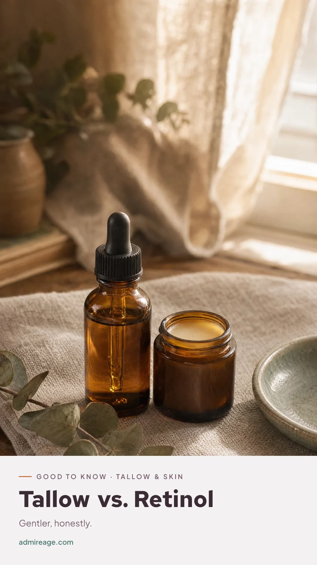 A bottle of golden face oil beside soft morning light.