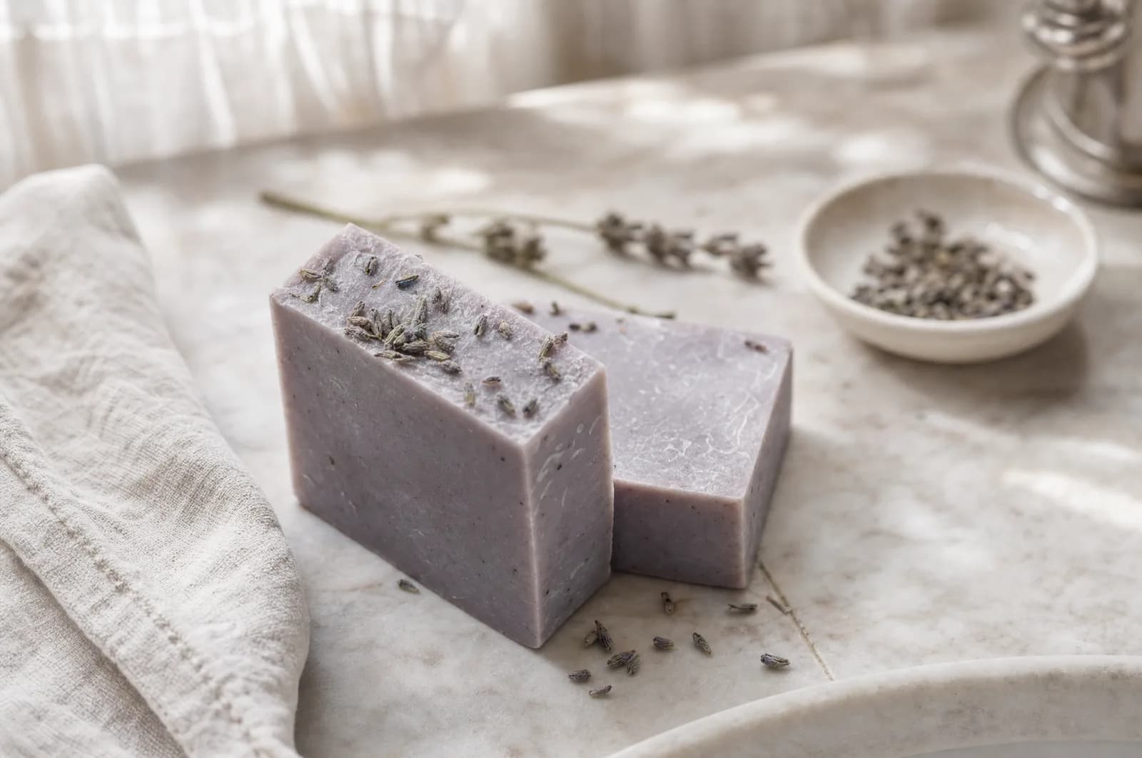 Pale lavender tallow soap bars topped with dried lavender buds on marble and linen.