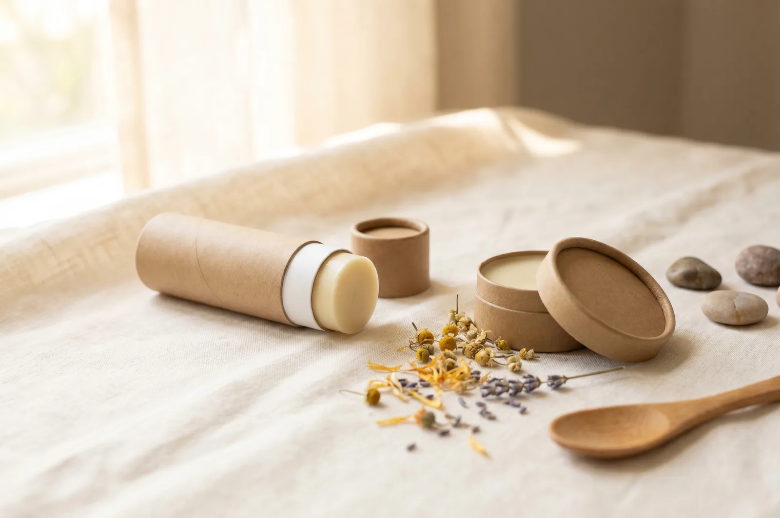 A twist-up tube of solid tallow balm resting on pale linen beside dried botanicals.