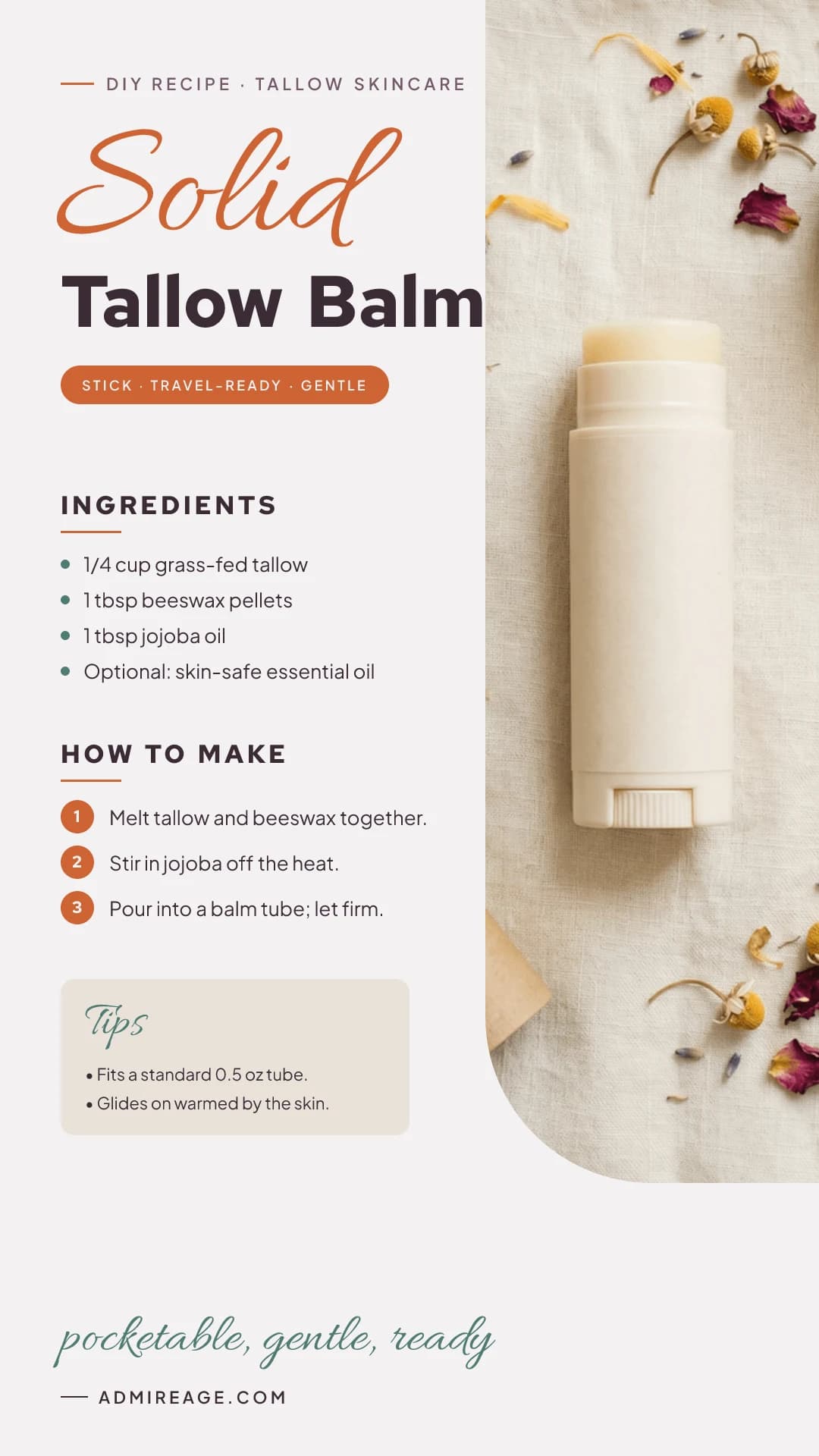 A twist-up tube of solid tallow balm on pale linen.