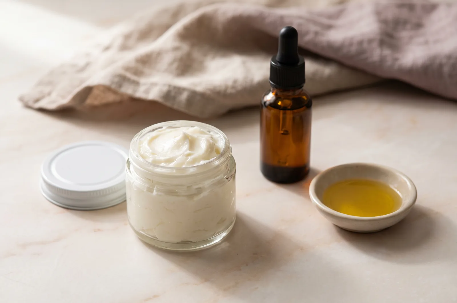 An open glass jar of fluffy, ivory whipped tallow face cream on pale marble, beside an amber bottle of castor oil and a small dish of golden jojoba oil.