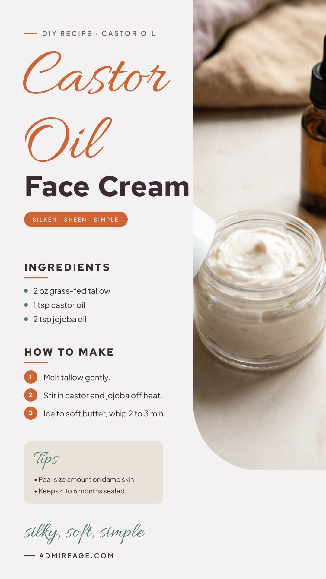 An editorial recipe card for tallow and castor oil face cream: ingredients, three steps, and tips beside an open jar of whipped cream and an amber castor oil bottle.