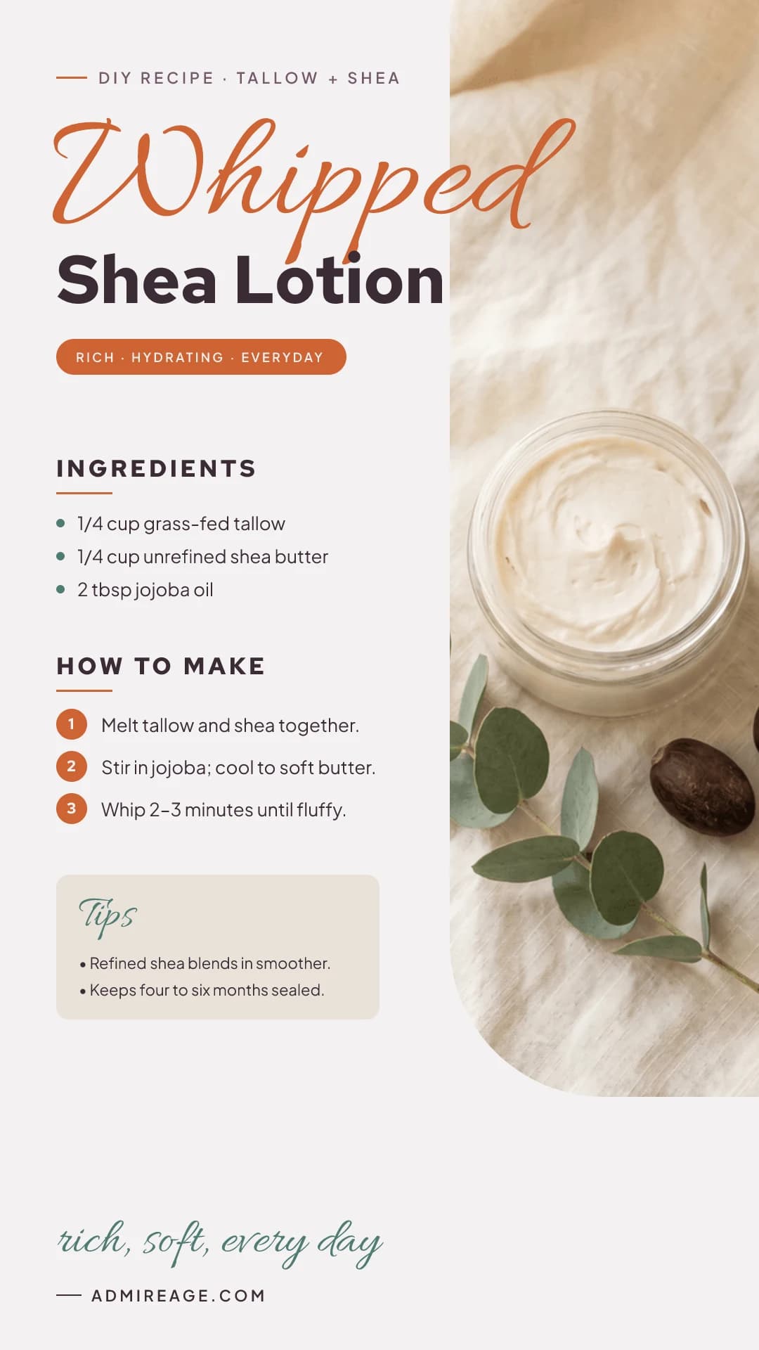 A jar of soft whipped tallow and shea lotion on pale linen.