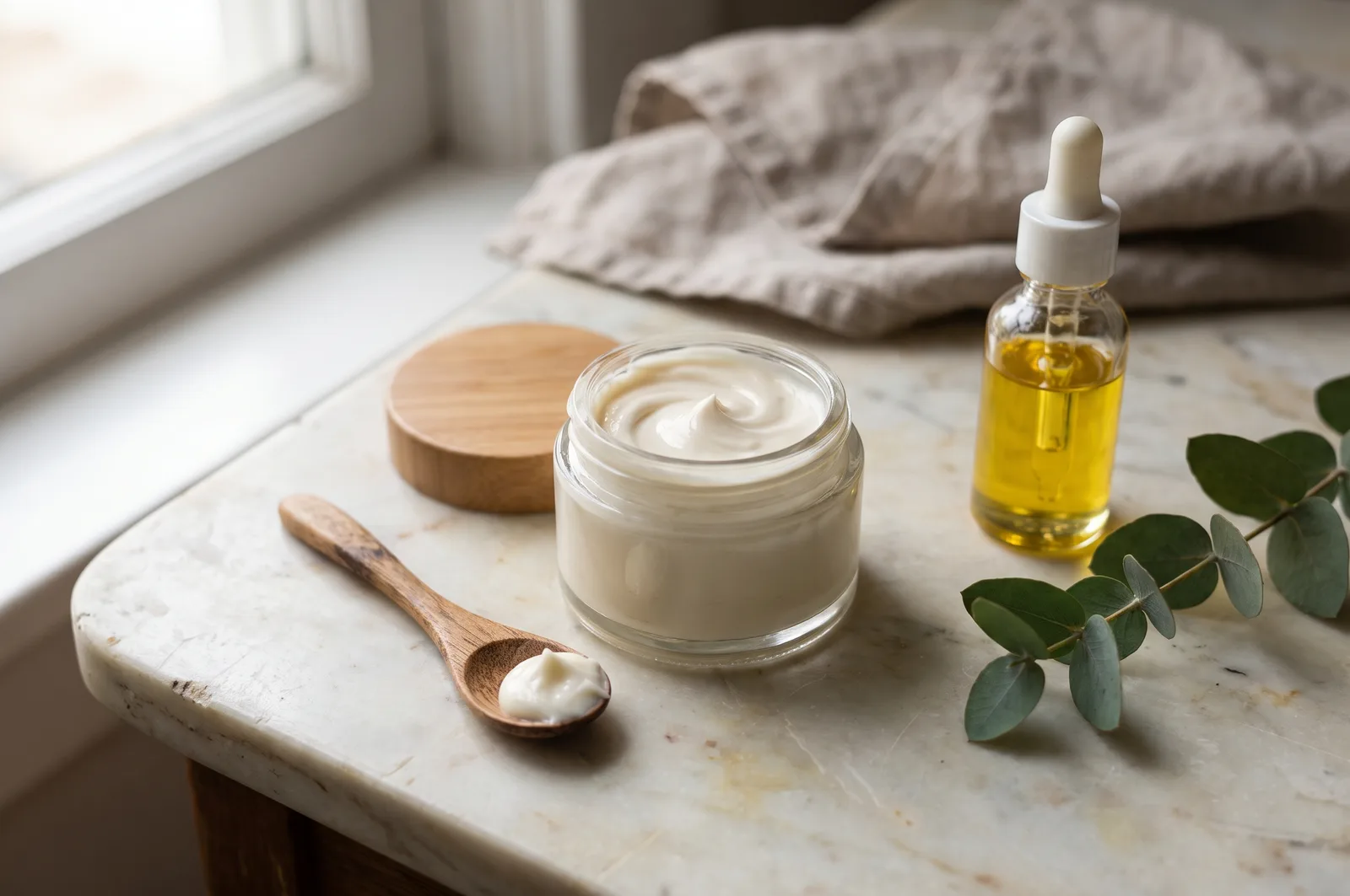 A glass jar of smooth, creamy tallow face lotion on a marble windowsill, with a wooden spoon holding a dab of lotion, a bottle of golden jojoba oil, and a sprig of eucalyptus.