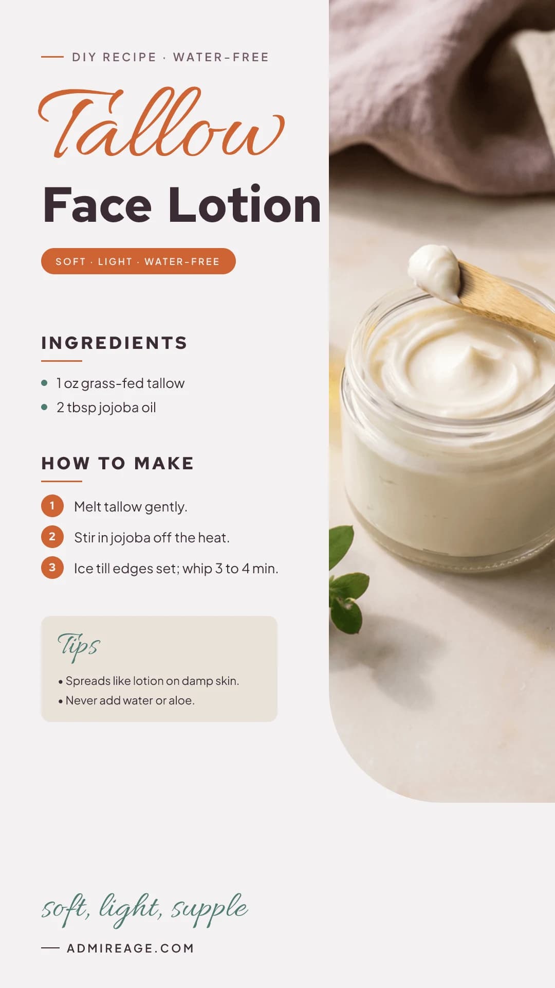 An editorial recipe card for water-free tallow face lotion: ingredients, three steps, and tips beside a jar of creamy lotion with a wooden spatula.
