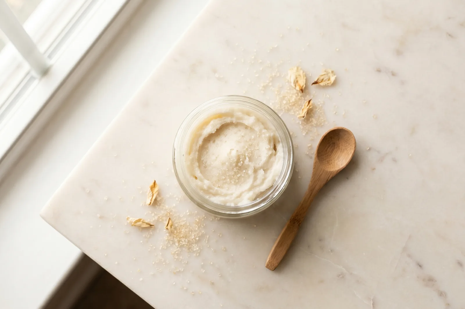 A jar of whipped tallow sugar scrub with a wooden spoon and scattered cane sugar on pale marble.