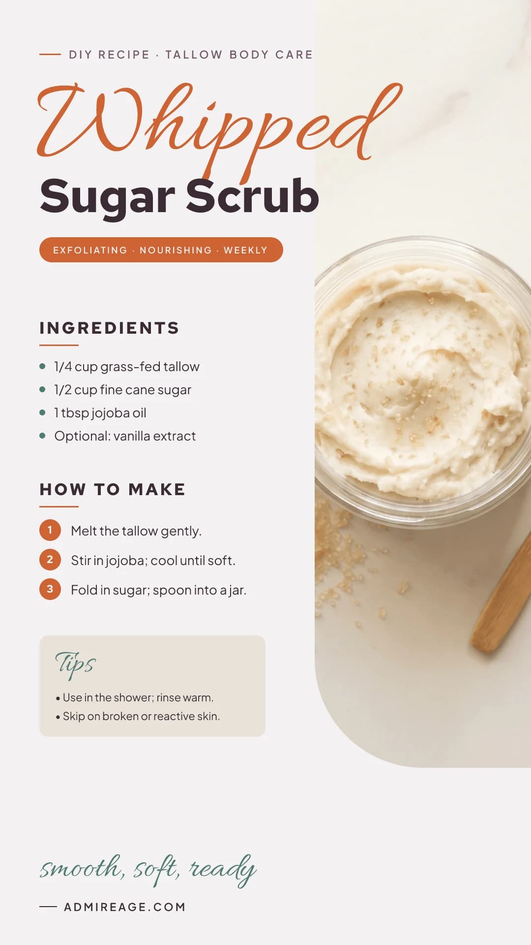A jar of whipped tallow sugar scrub with scattered cane sugar.