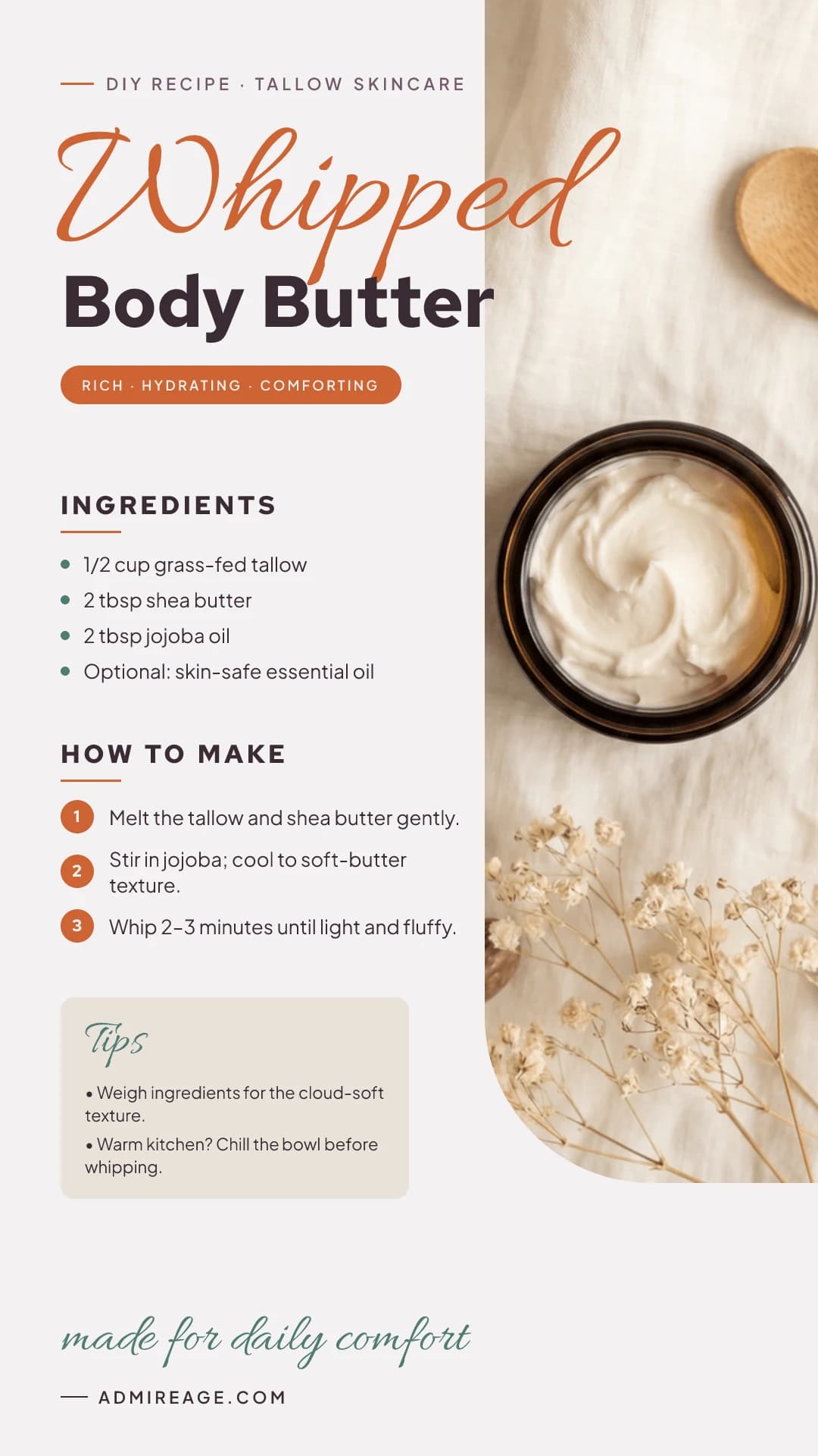 A jar of softly whipped tallow body butter with soft peaks on linen.