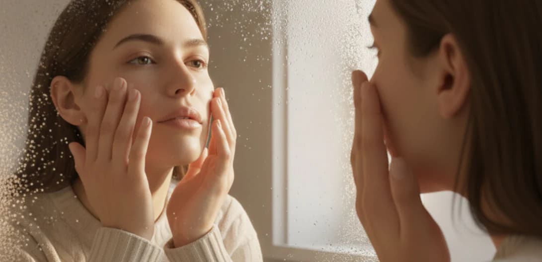 Woman looking in mirror with glowing, hydrated skin