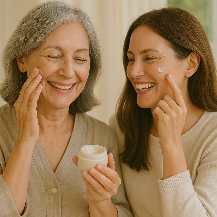 Two women applying face cream together