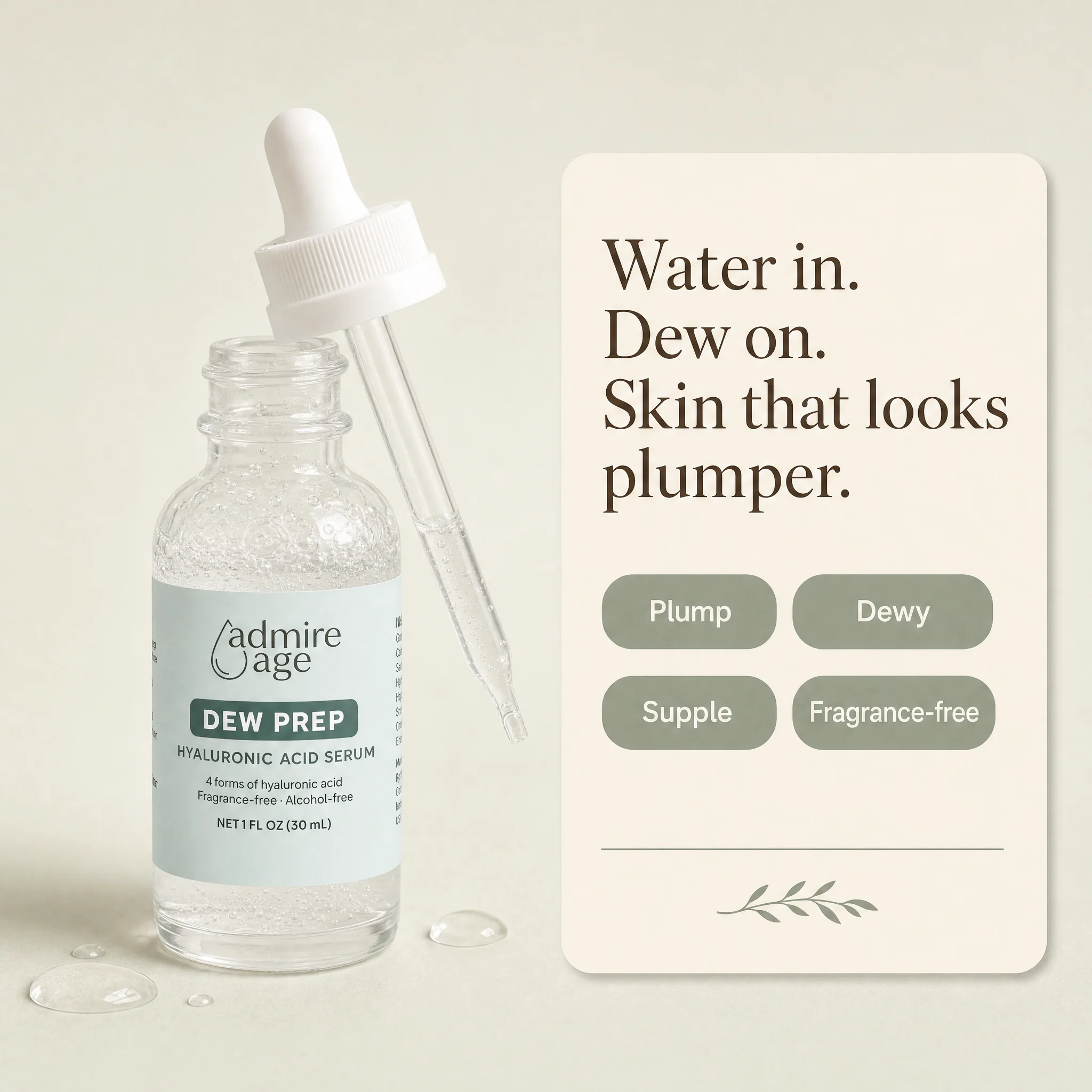 Admire Age Dew Prep Hyaluronic Acid Serum bottle with its dropper lifted out, beside a card reading Water in. Dew on. Skin that looks plumper.