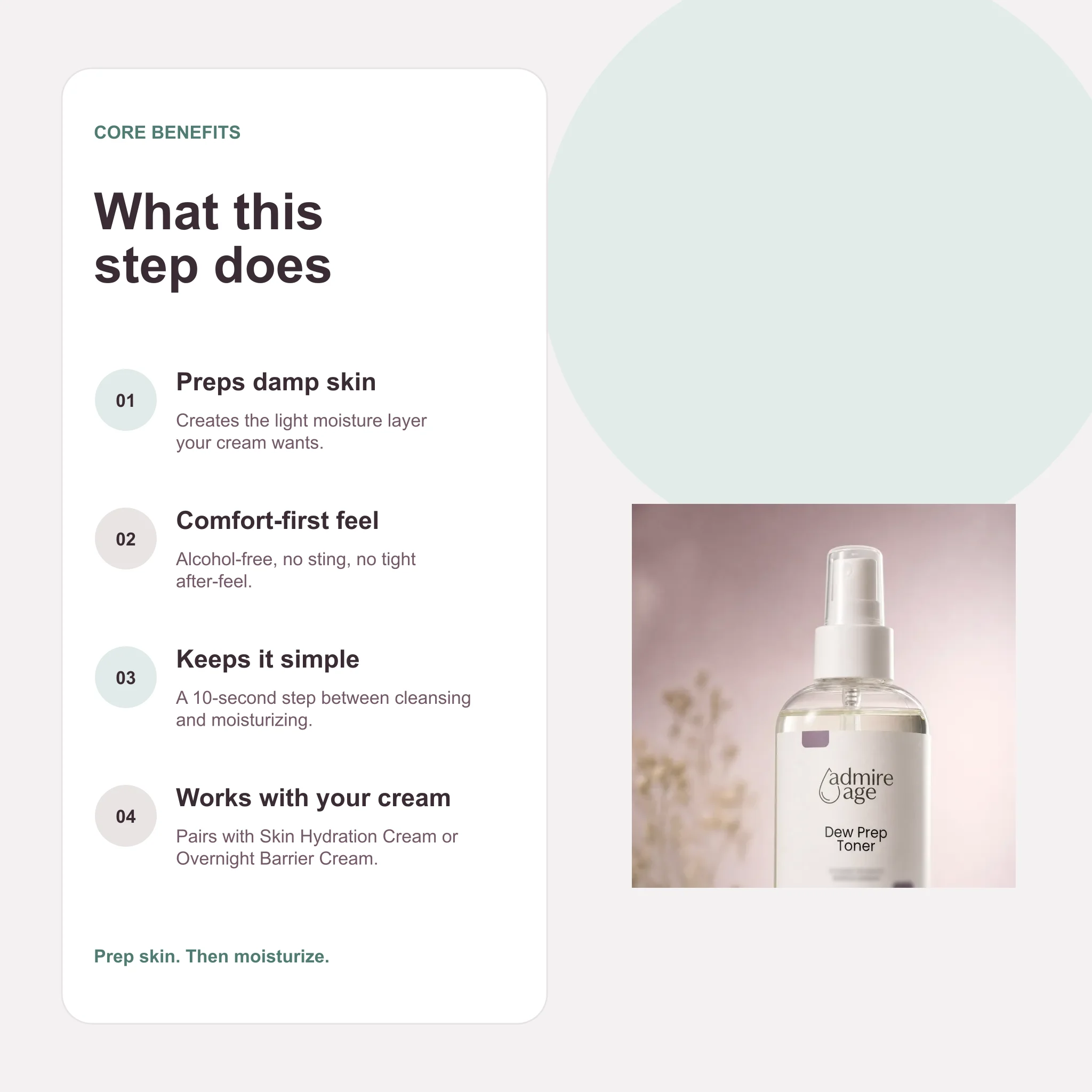 Dew Prep Toner benefits infographic showing prep, comfort, simplicity, and moisturizer pairing