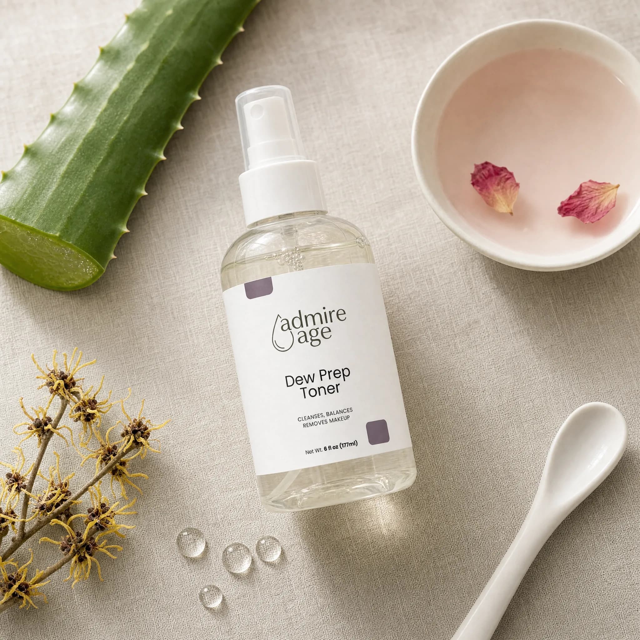 Ingredient story card for aloe, rose water, glycerin, niacinamide, and witch hazel