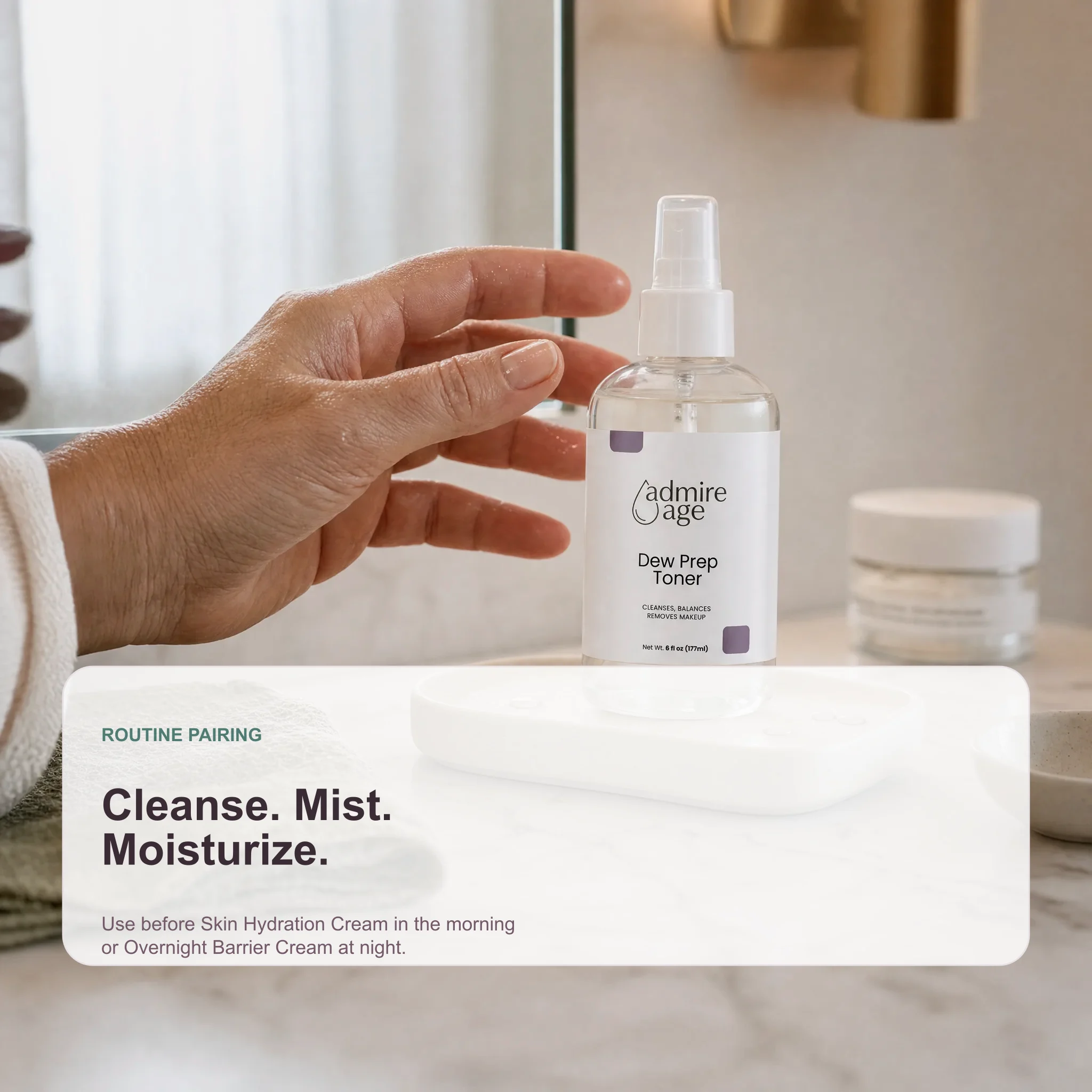 Dew Prep Toner on a bathroom vanity with routine pairing text