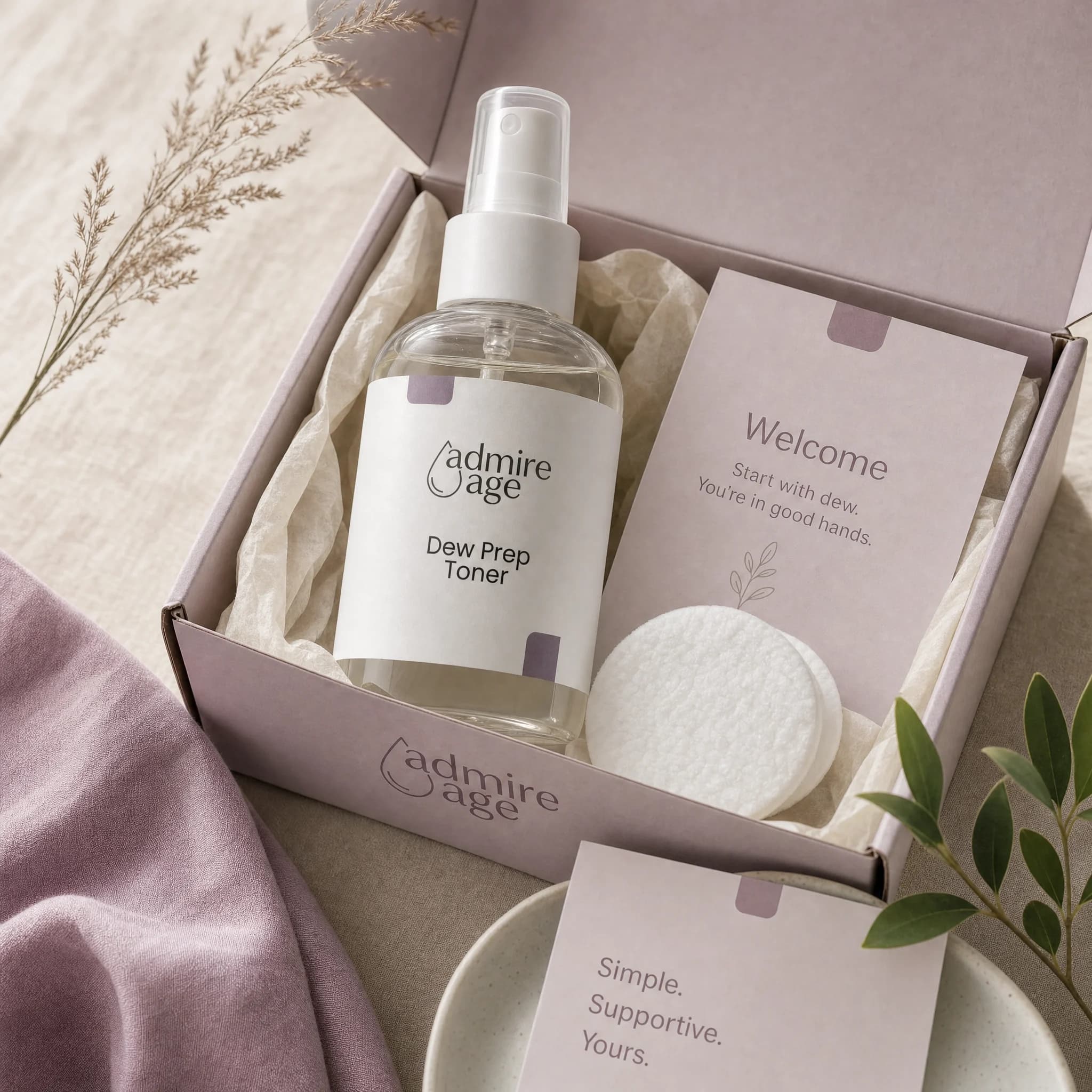 Dew Prep Toner welcome kit flatlay with box, cotton rounds, and simple ritual card