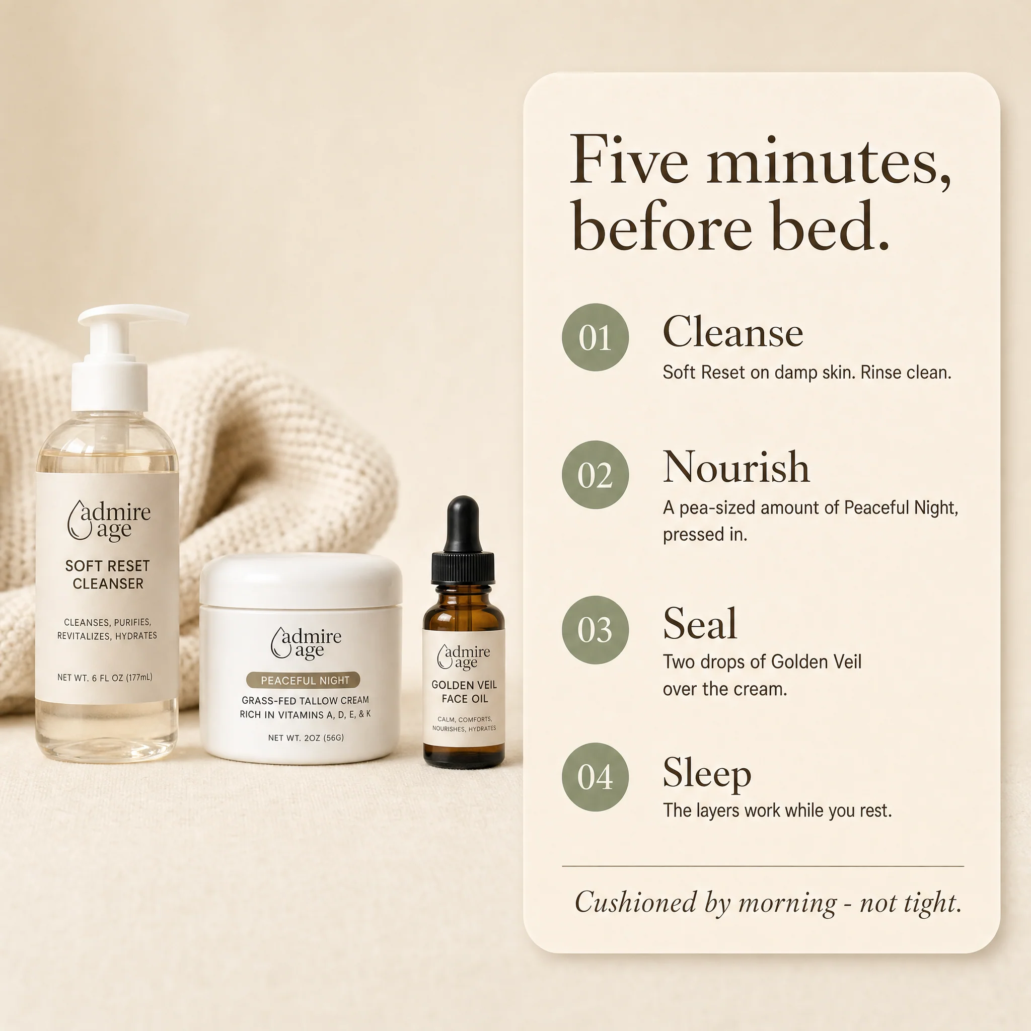 Card titled 'Five minutes, before bed.' with four evening steps — cleanse with Soft Reset on damp skin, nourish with a pea-sized amount of Peaceful Night, seal with two drops of Golden Veil, then sleep while the layers work.