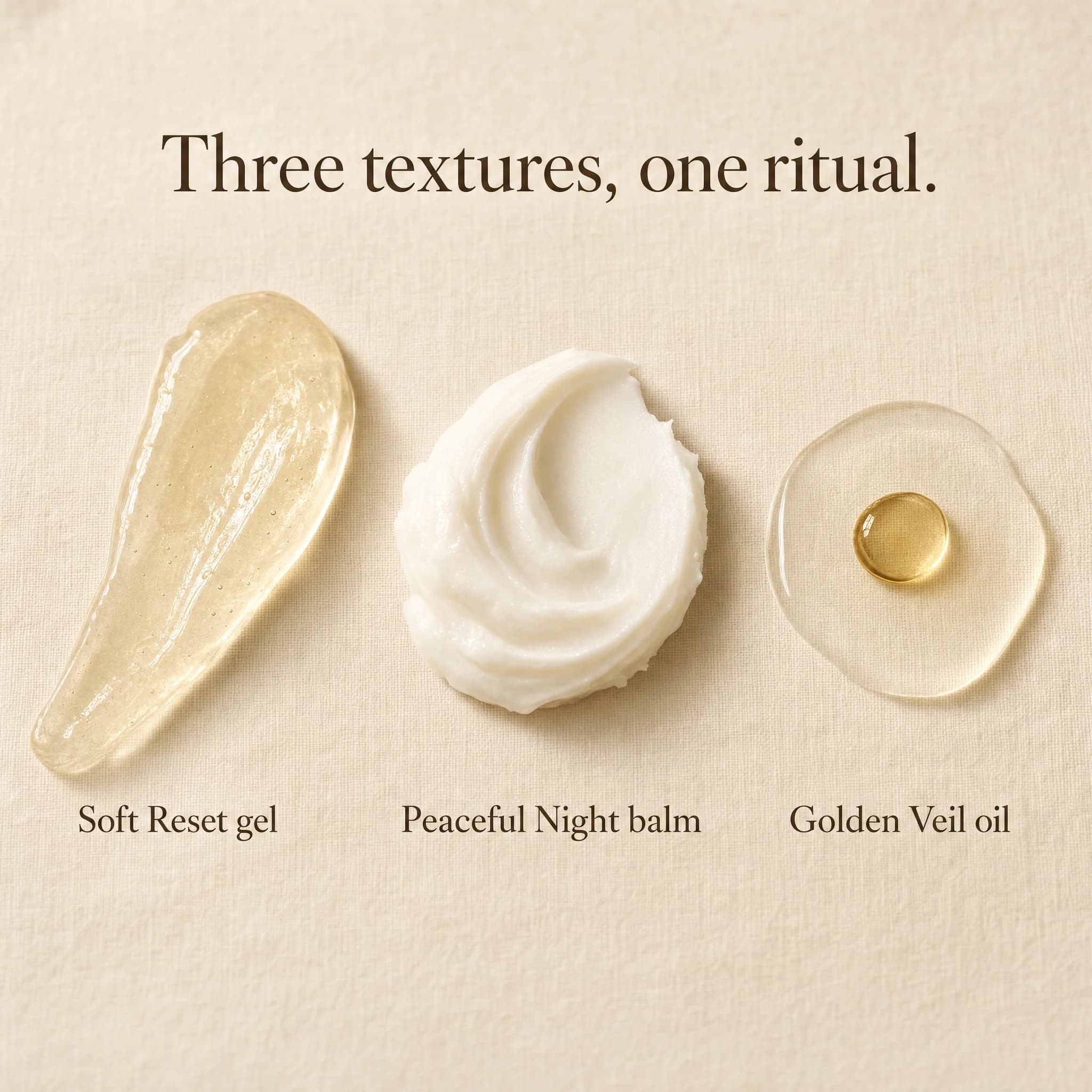 Three texture swatches side by side — Soft Reset gel, whipped Peaceful Night balm, and a Golden Veil oil droplet — under the line 'Three textures, one ritual.'