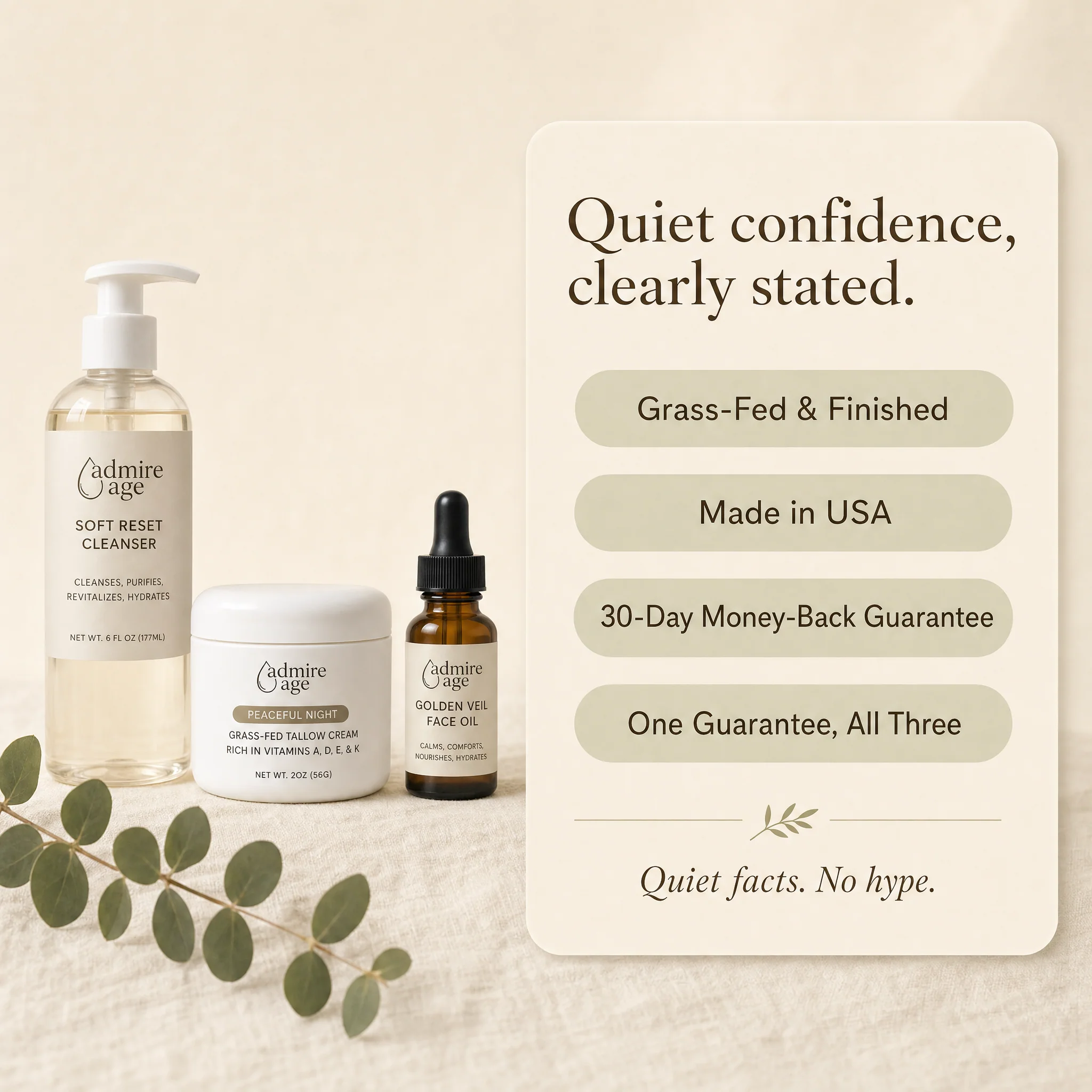 Trust card titled 'Quiet confidence, clearly stated.' listing grass-fed and finished, made in USA, 30-day money-back guarantee, and one guarantee covering all three products.