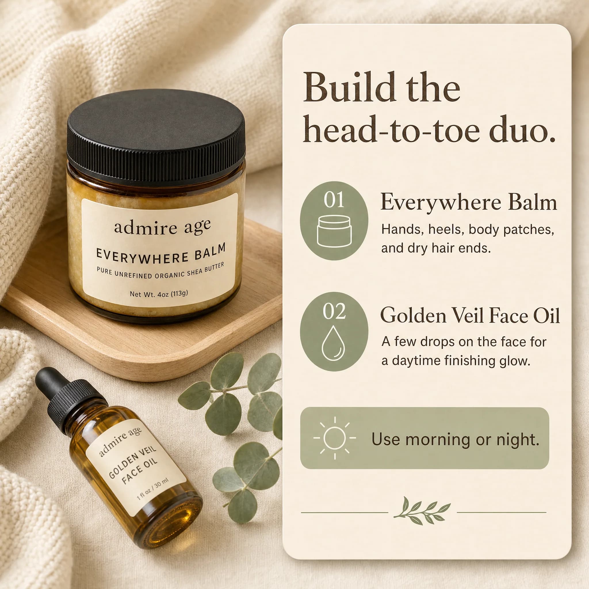 Everywhere Balm jar on a wooden tray beside the Golden Veil Face Oil bottle, card reads Build the head-to-toe duo — Everywhere Balm for body and hair, Golden Veil for the face