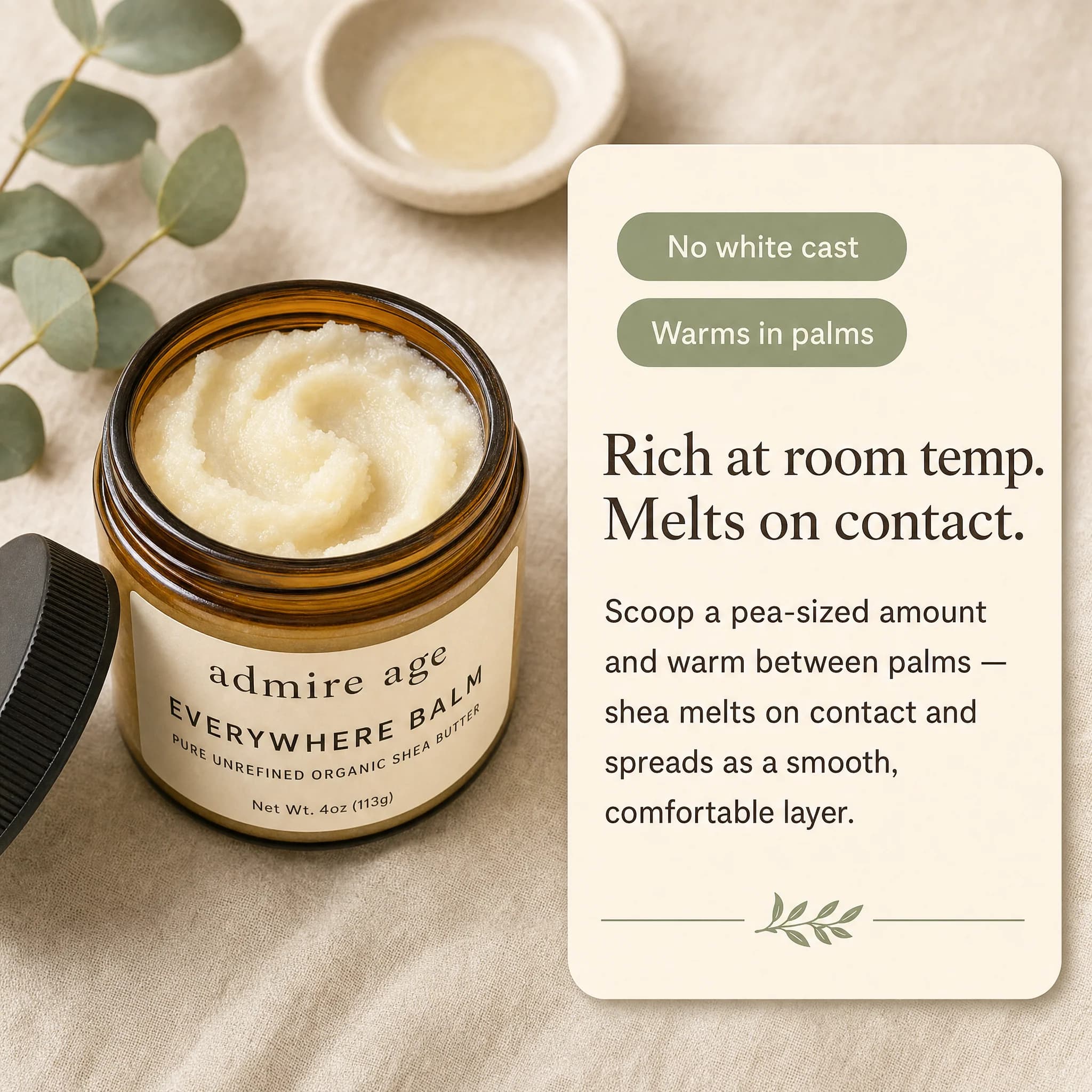 Top-down macro of open Everywhere Balm jar showing swirled off-white unrefined shea butter, card reads Rich at room temp. Melts on contact.