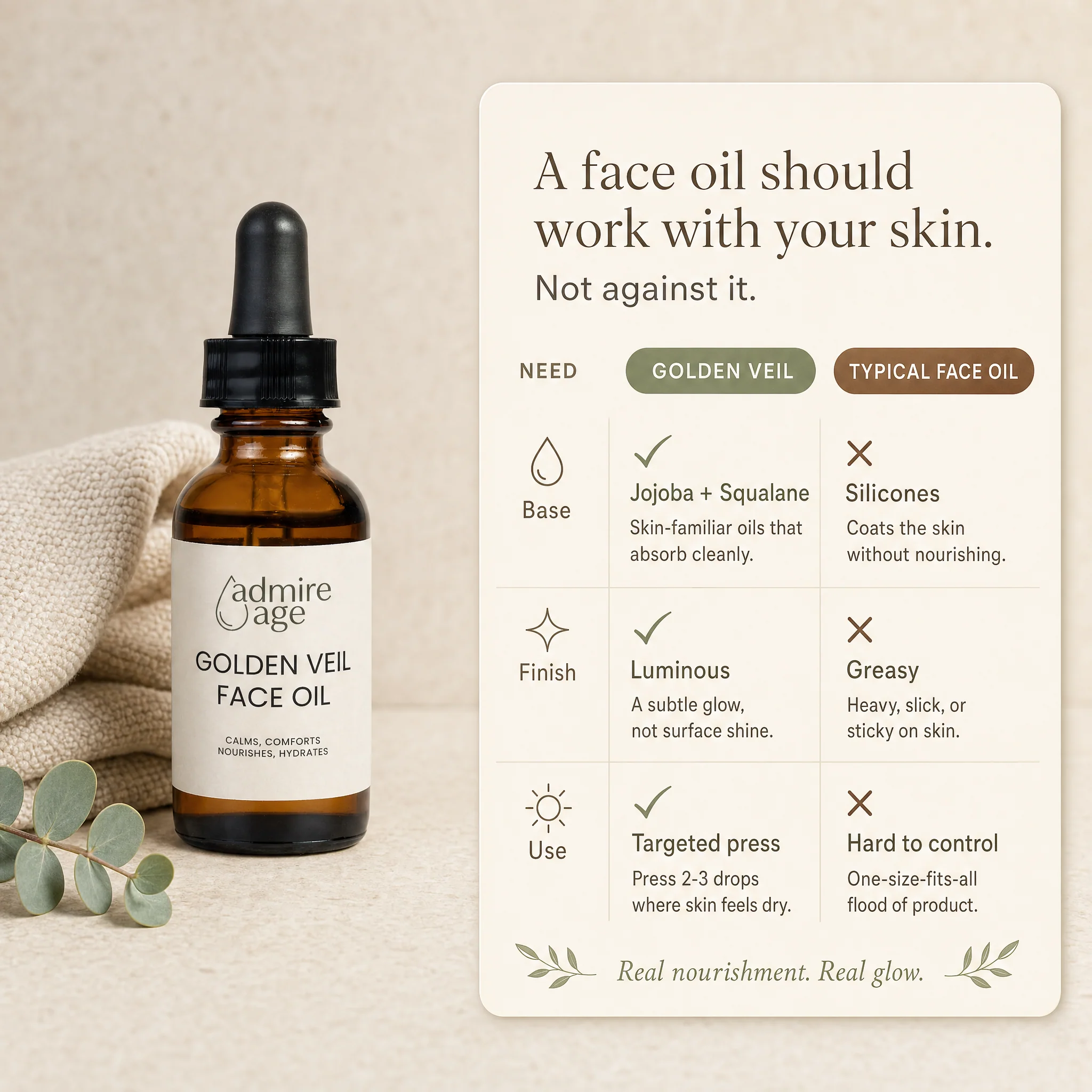 Comparison card titled 'A face oil should work with your skin. Not against it.' with three rows comparing Golden Veil to a typical face oil on base, finish, and use, alongside the bottle, a folded woven towel, and a eucalyptus sprig