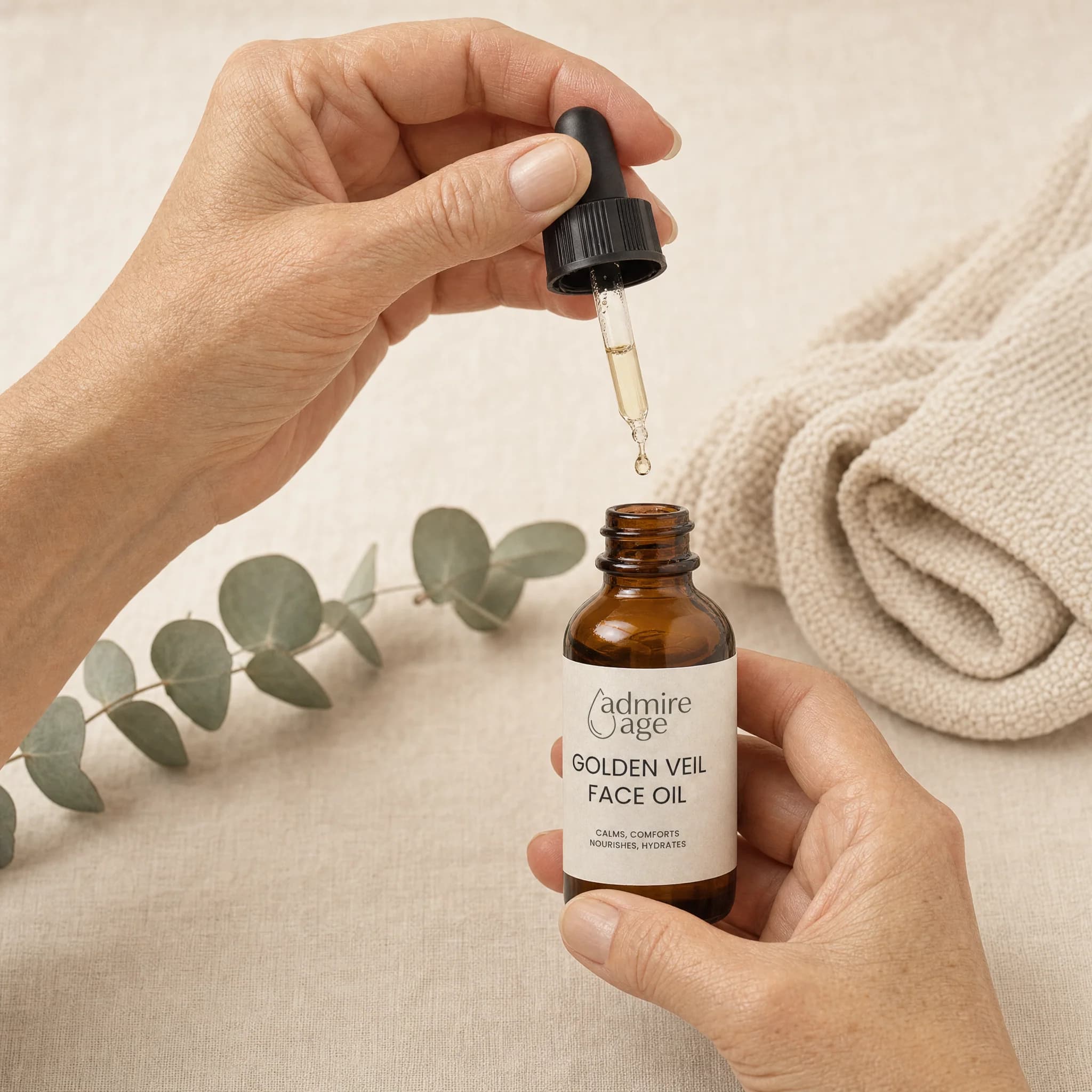 Golden Veil Face Oil dropper held over its amber bottle — the sealing step that slows overnight moisture loss.