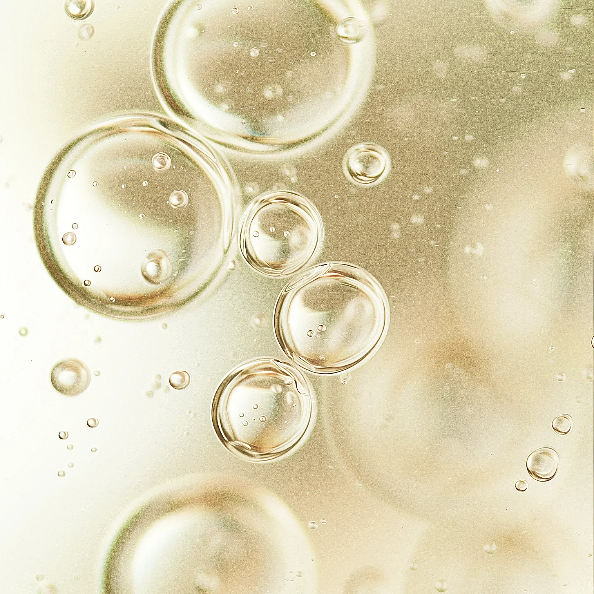 Macro close-up of pale-gold oil bubbles in soft champagne and ivory tones, showing the lightweight texture of a finishing face oil