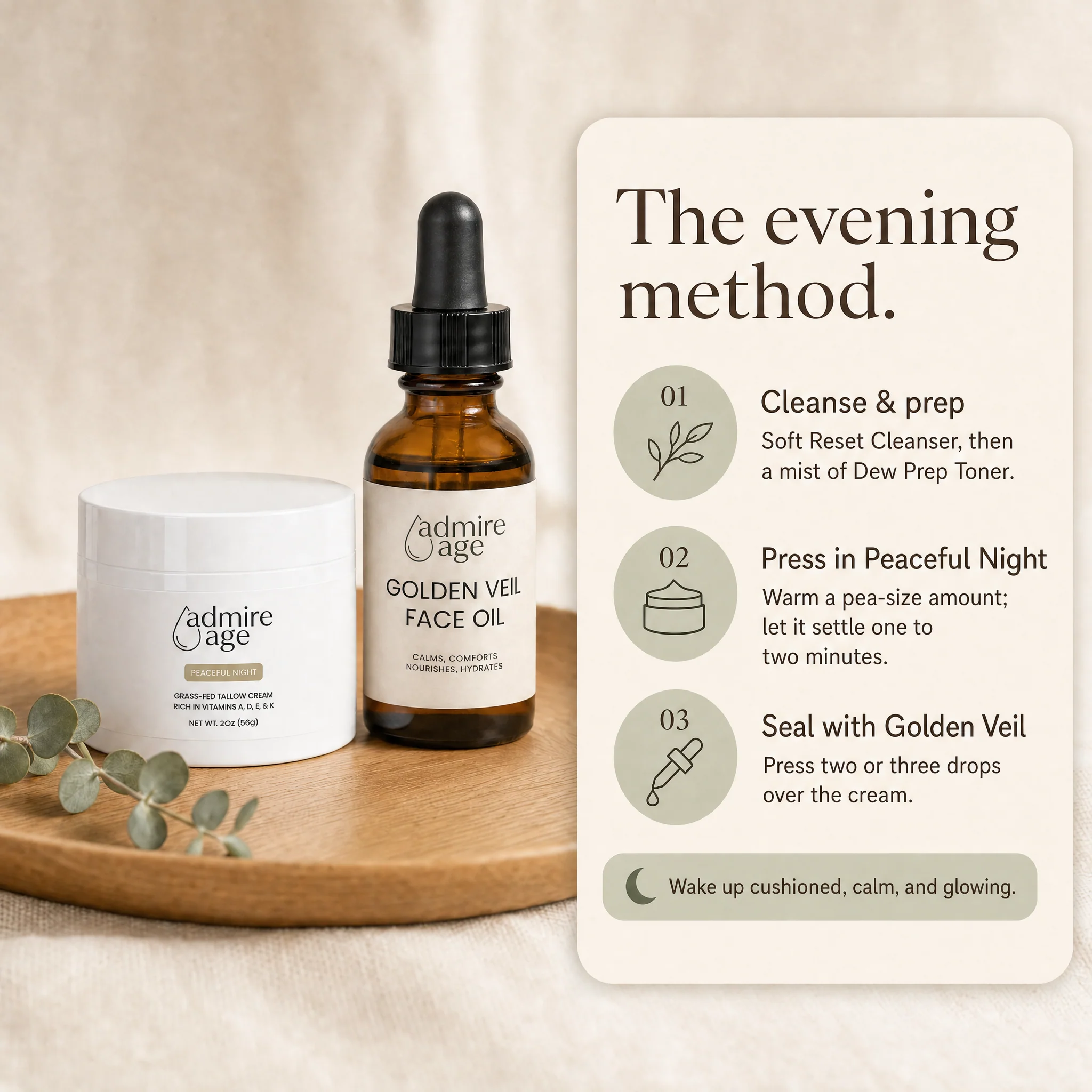 Both products beside a card titled 'The evening method' with three steps — cleanse and prep, press in Peaceful Night, seal with Golden Veil — and a note to wake up cushioned, calm, and glowing