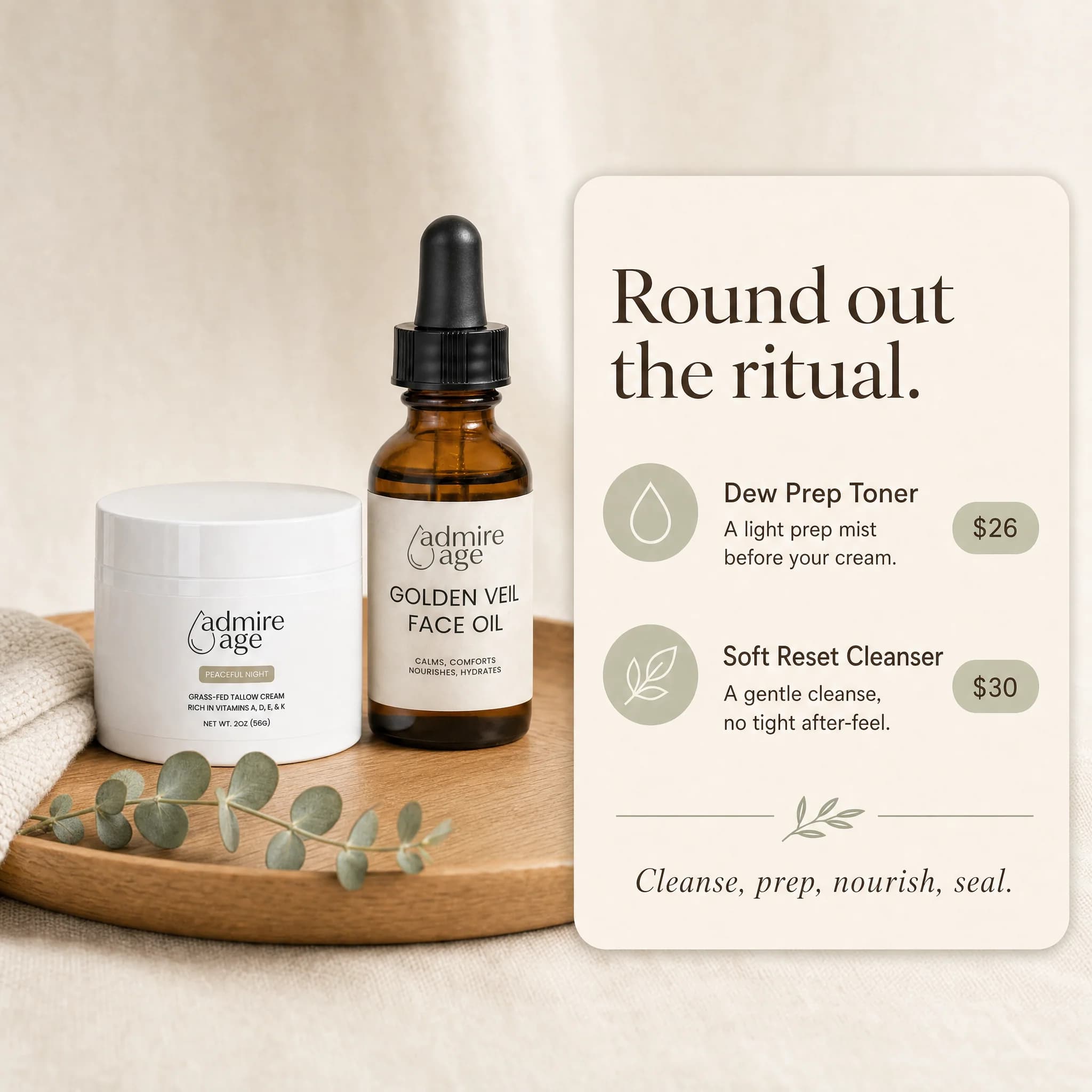 Both products beside a card titled 'Round out the ritual' suggesting the Dew Prep Toner at $26 and Soft Reset Cleanser at $30 to complete the evening routine