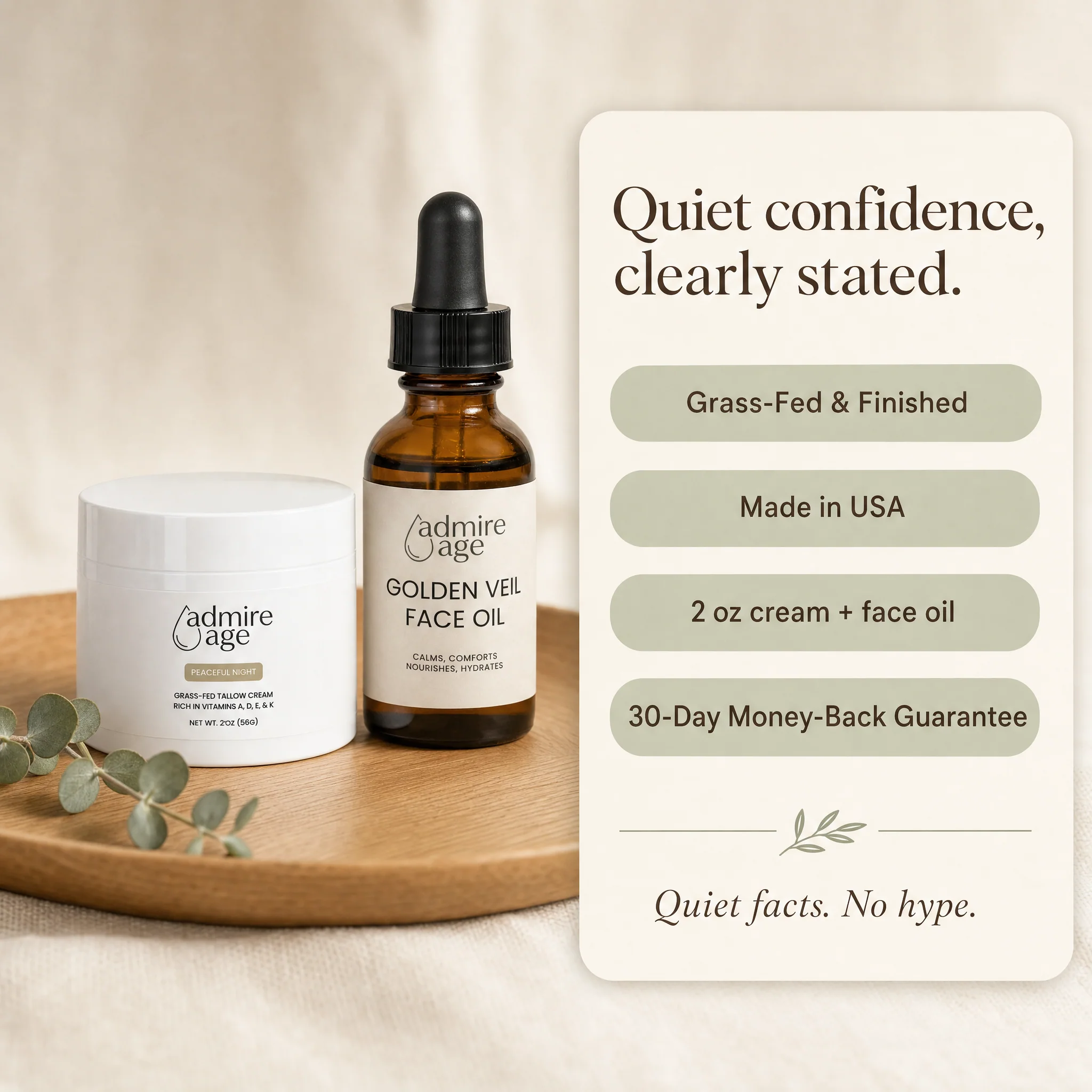 Both products beside a card titled 'Quiet confidence, clearly stated' with badges Grass-Fed & Finished, Made in USA, 2 oz cream + face oil, and 30-Day Money-Back Guarantee