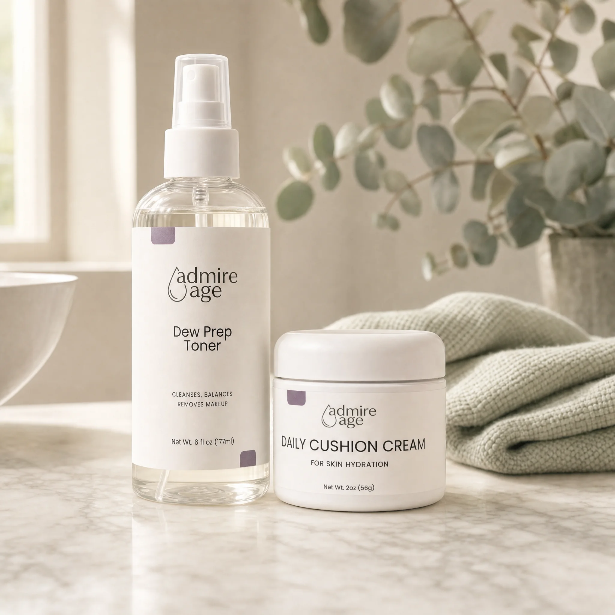 The morning routine: Dew Prep Toner to mist, then Skin Hydration Cream to moisturize