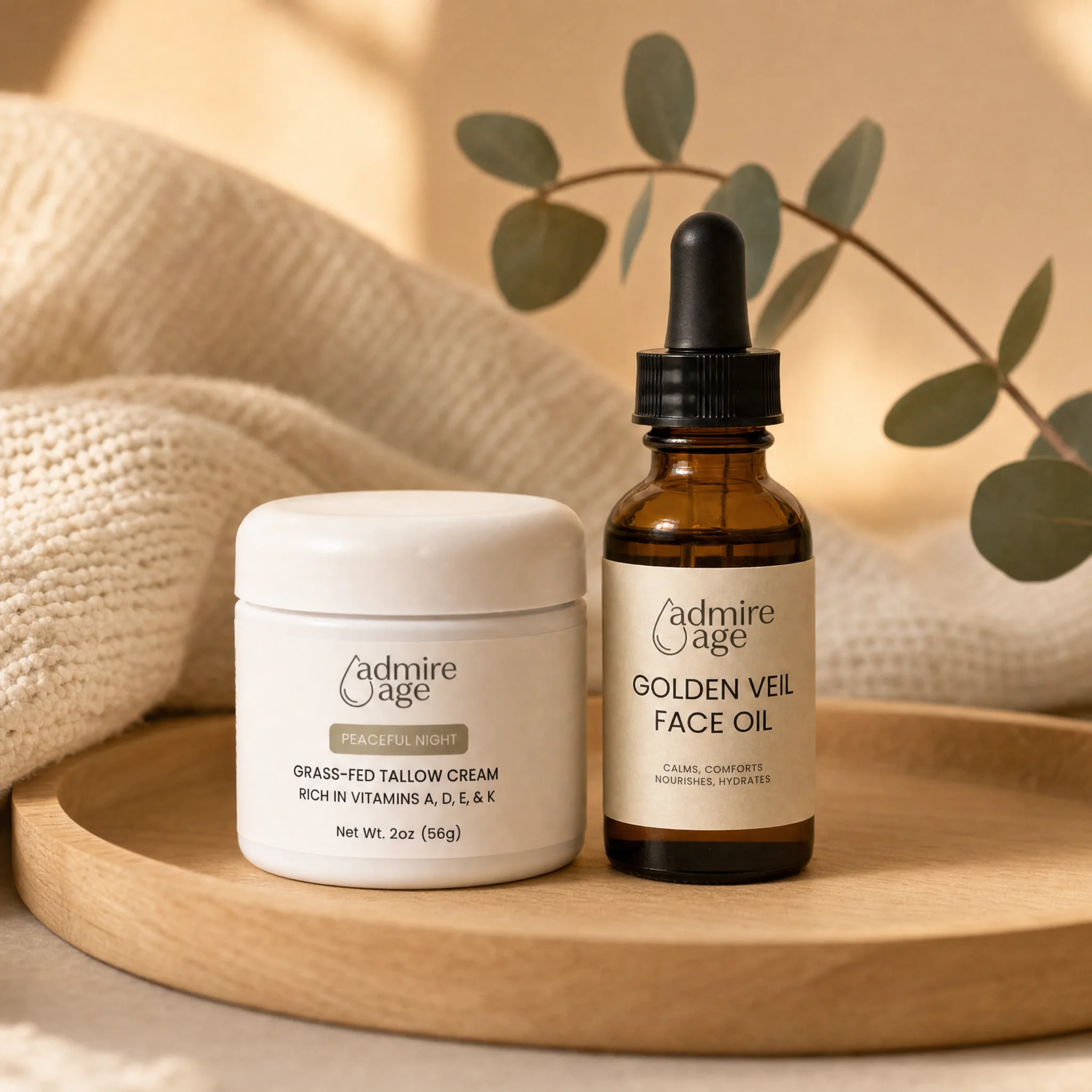 The evening routine: Peaceful Night Tallow Cream to nourish, then Golden Veil Face Oil to seal