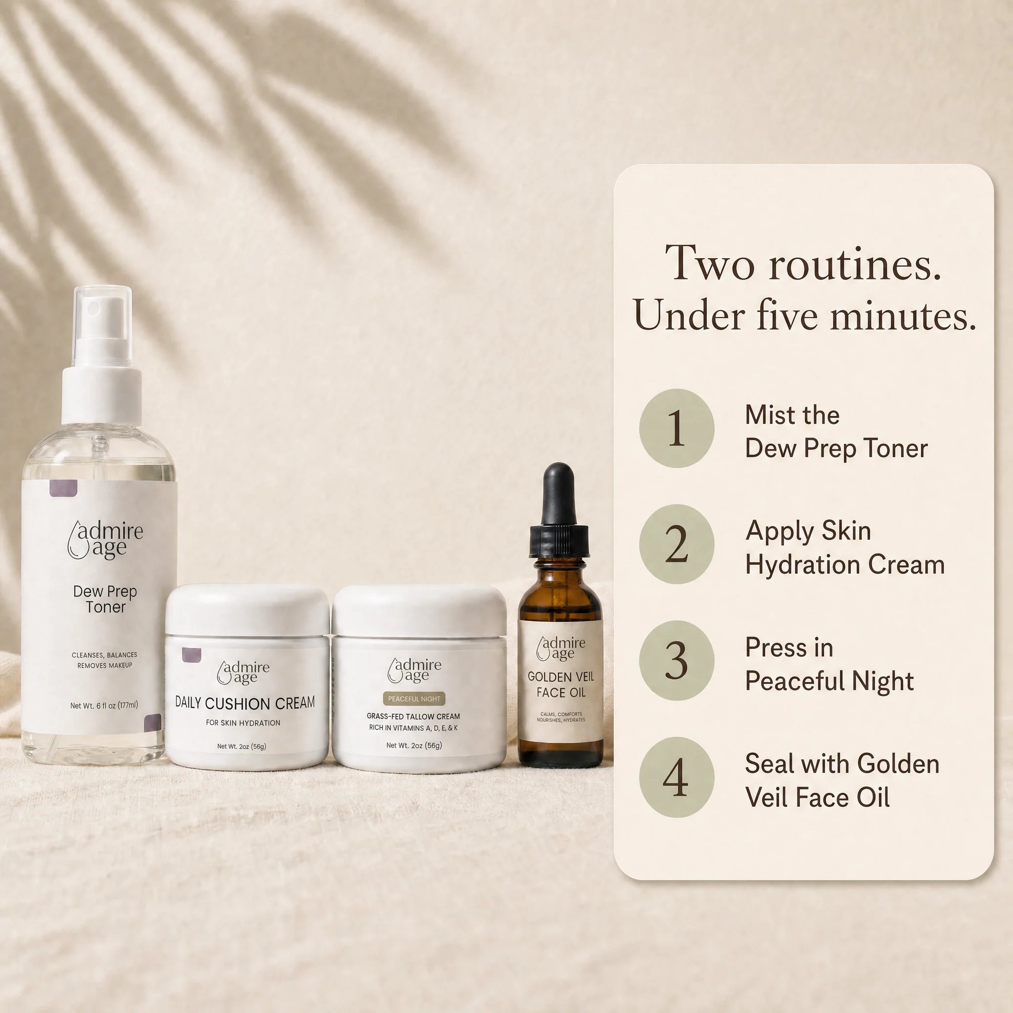 How to use the set: morning toner and cream, evening tallow and oil — two routines under five minutes