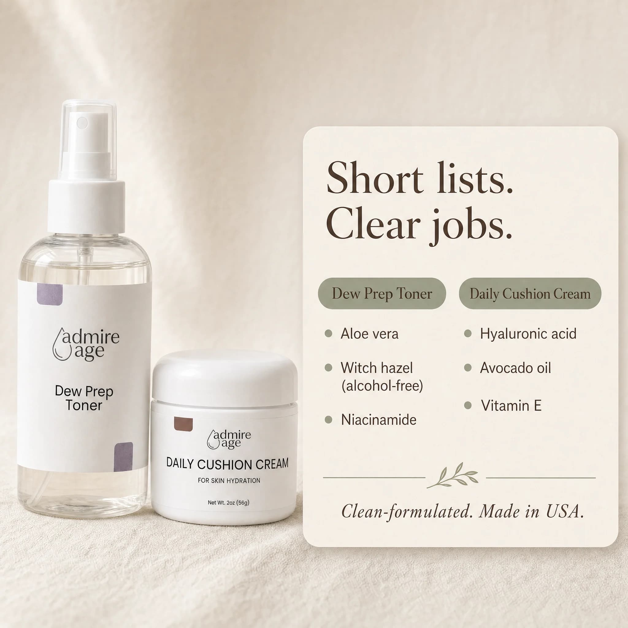 Both products beside a card listing each formula's key ingredients — toner with aloe, witch hazel and niacinamide; cream with hyaluronic acid, avocado oil and vitamin E