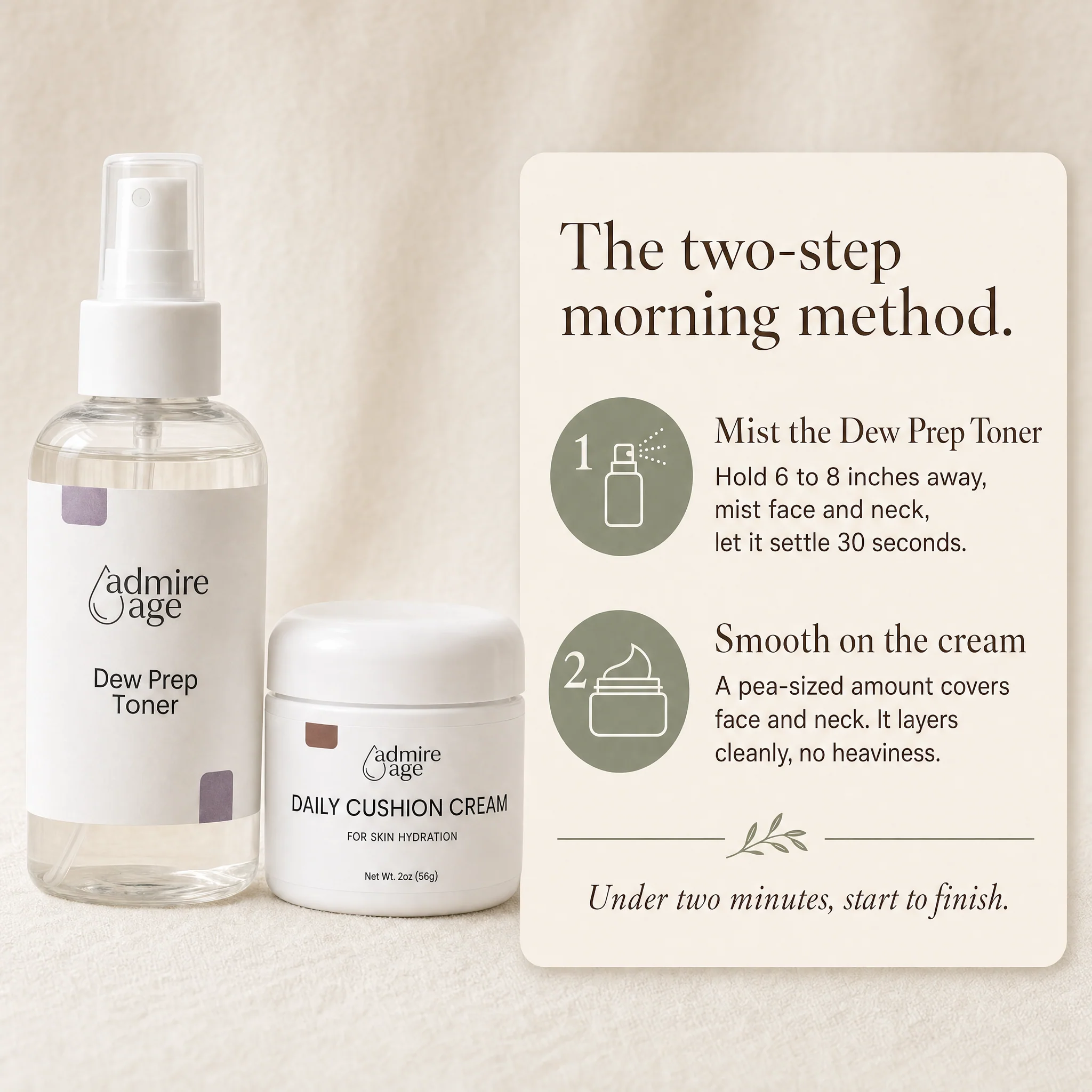 Both products beside a card outlining the two-step morning method: mist the Dew Prep Toner, then smooth on the cream