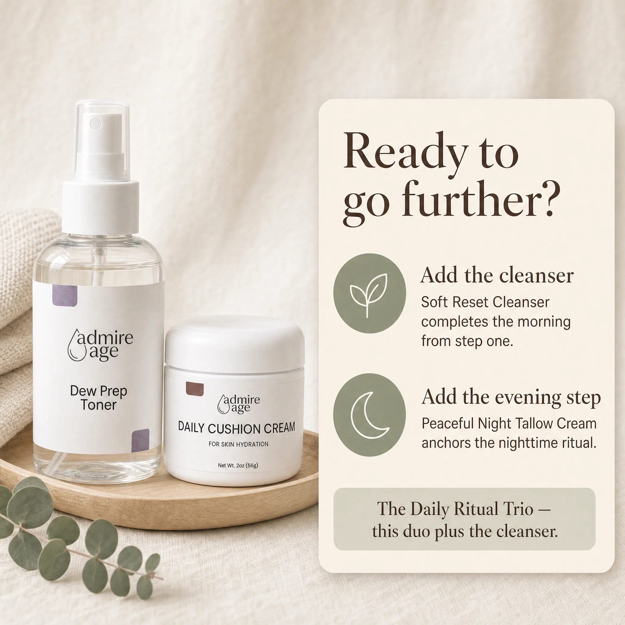 Both products on a wood tray beside a card suggesting the Soft Reset Cleanser and Peaceful Night Tallow Cream to round out the routine