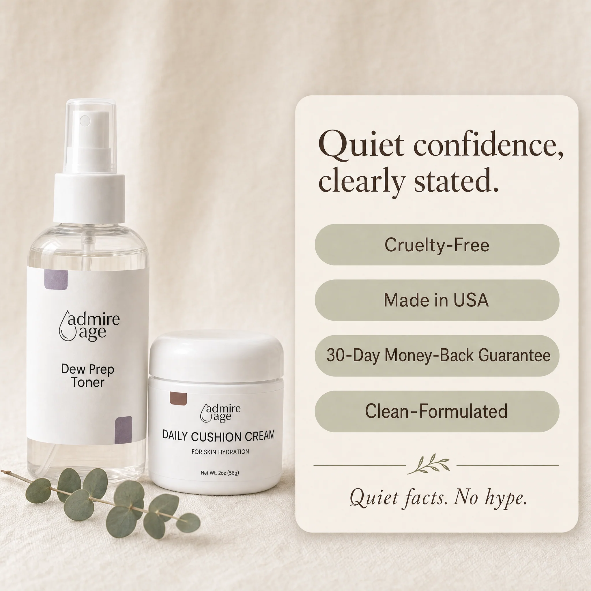 Both products beside a card stating cruelty-free, made in USA, 30-day money-back guarantee, and clean-formulated