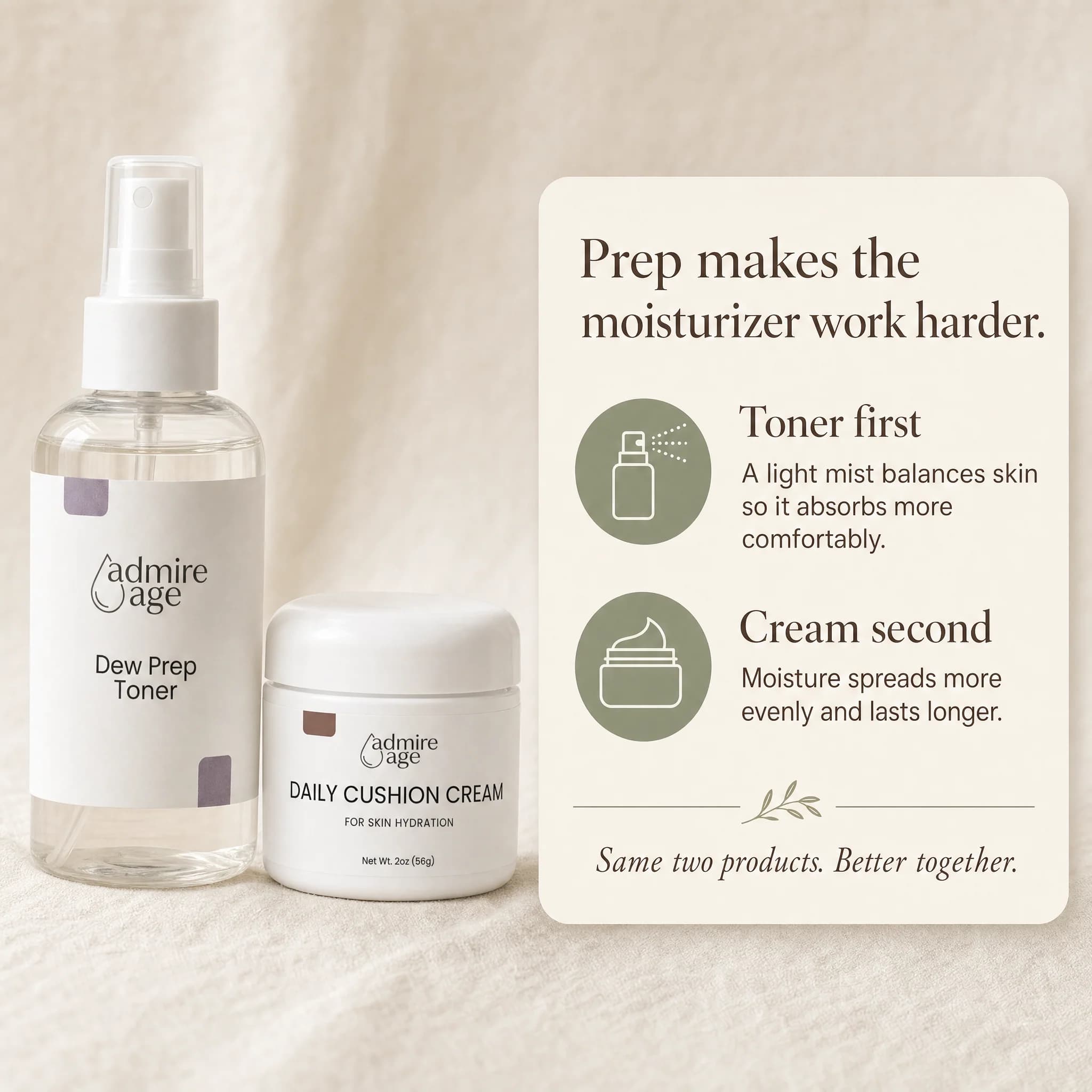 Dew Prep Toner and Daily Cushion Cream beside a card explaining that prep makes the moisturizer work harder — toner first, cream second