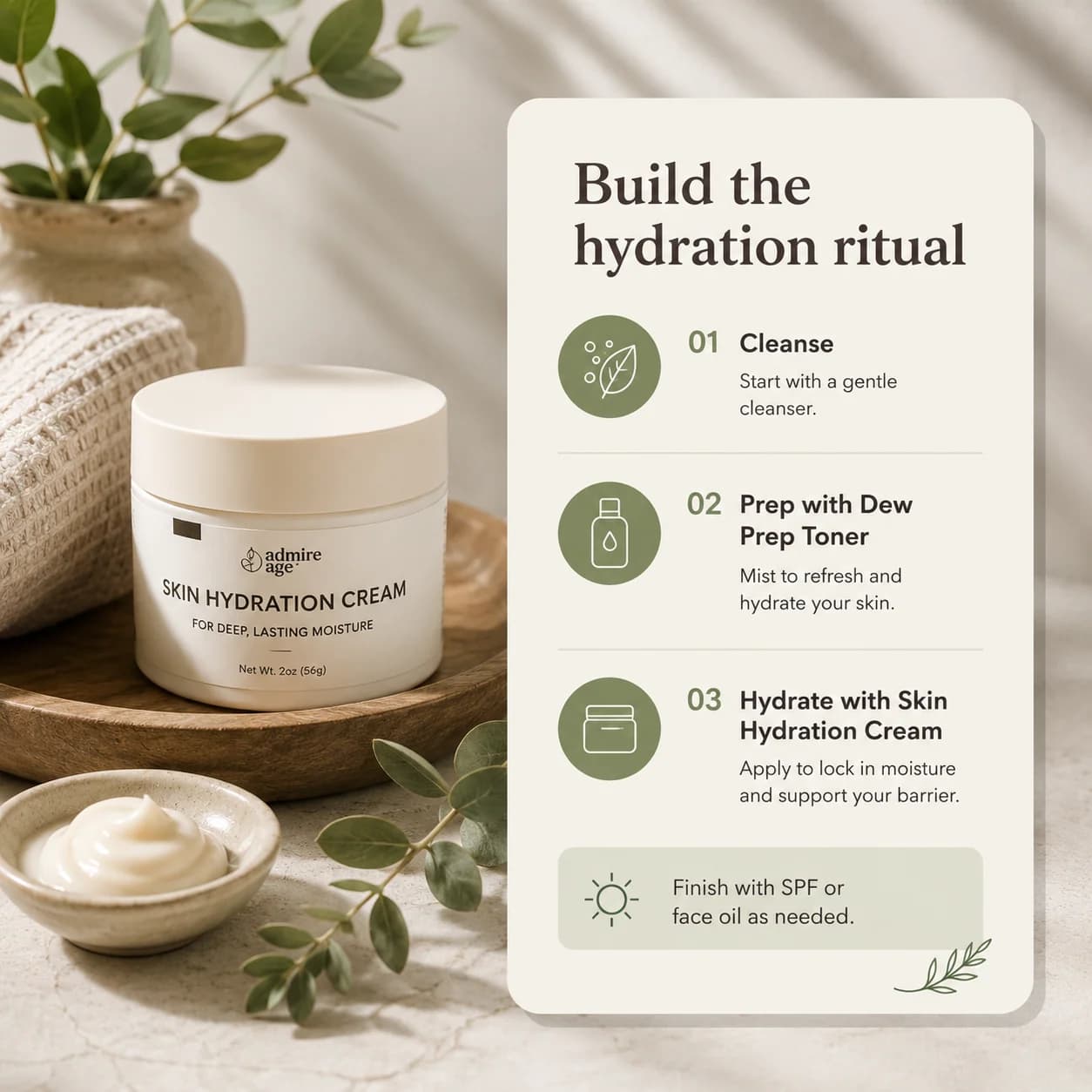 The Admire Age Skin Hydration Cream jar on a wooden tray with eucalyptus, a knit textile, and a small bowl of cream beside it; a card to the right titled 'Build the hydration ritual' lists cleanse, prep with Dew Prep Toner, hydrate with Skin Hydration Cream, and finish with SPF or face oil
