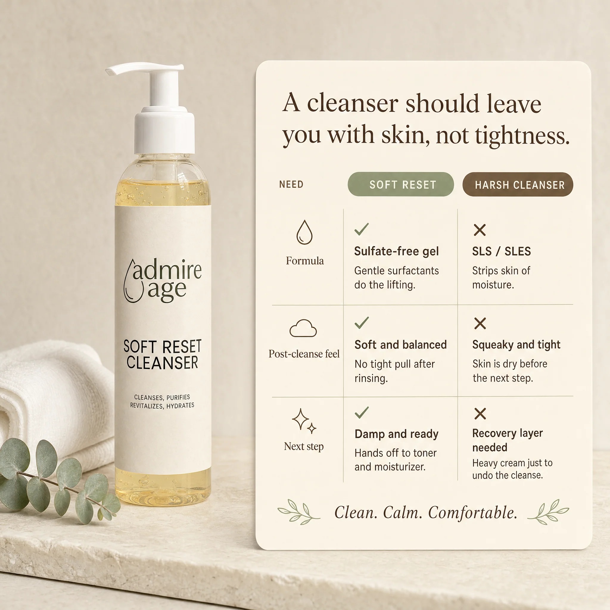 Comparison card titled 'A cleanser should leave you with skin, not tightness.' with three rows comparing Soft Reset to a harsh cleanser on formula, post-cleanse feel, and next step, alongside the bottle, a folded white washcloth, and a eucalyptus sprig
