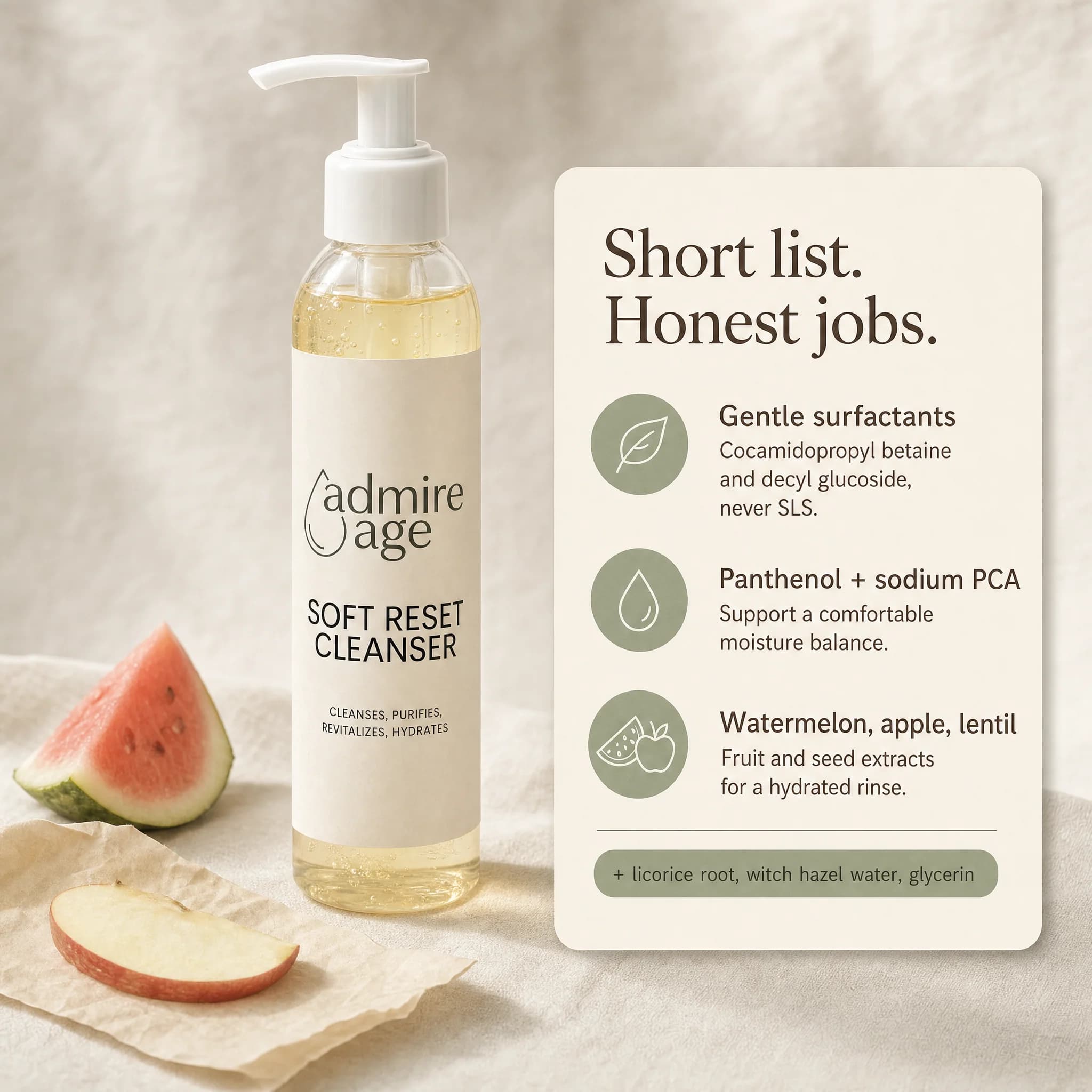 Editorial ingredient still life with an apple slice on parchment and a small watermelon wedge beside the Soft Reset Cleanser bottle on cream linen, with a card to the right titled 'Short list. Honest jobs.' listing gentle surfactants, panthenol with sodium PCA, and watermelon-apple-lentil extracts, with a sage pill noting licorice root, witch hazel water, and glycerin