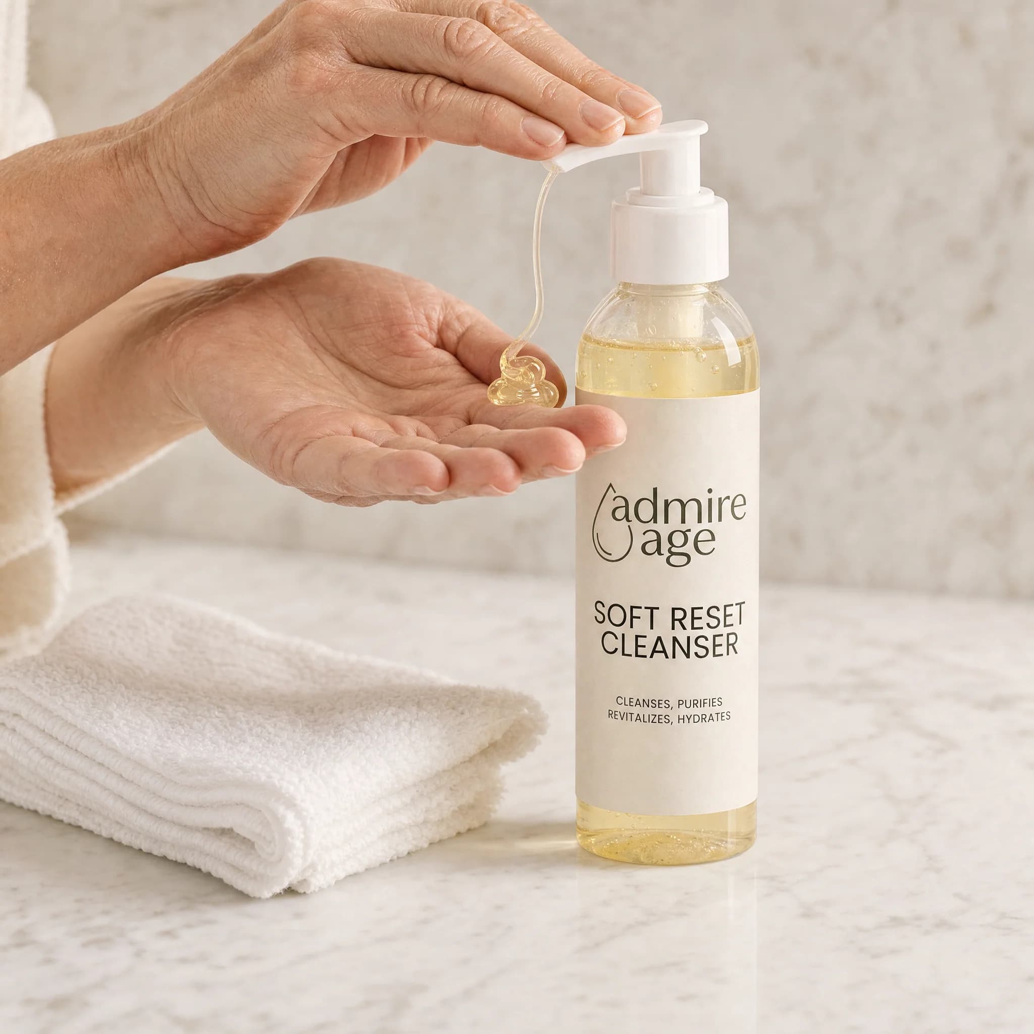 Mature woman's hand pressing the white pump on the Soft Reset Cleanser bottle while a ribbon of pale-gold gel curls onto her open palm, with a folded white cotton washcloth on a white marble vanity