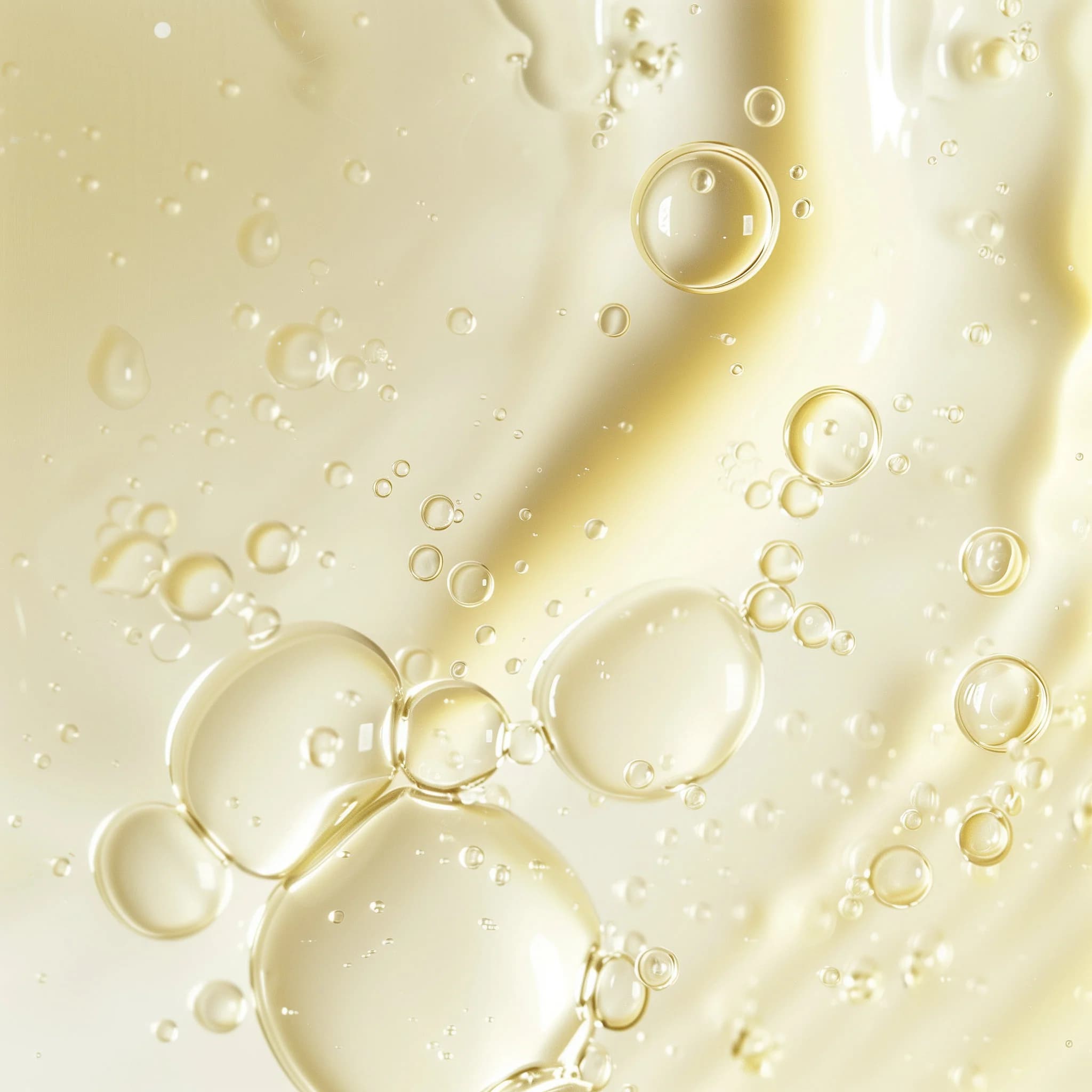 Macro close-up of pale-gold gel bubbles in soft champagne and ivory tones, showing the lightweight, low-foam texture of a gentle gel cleanser