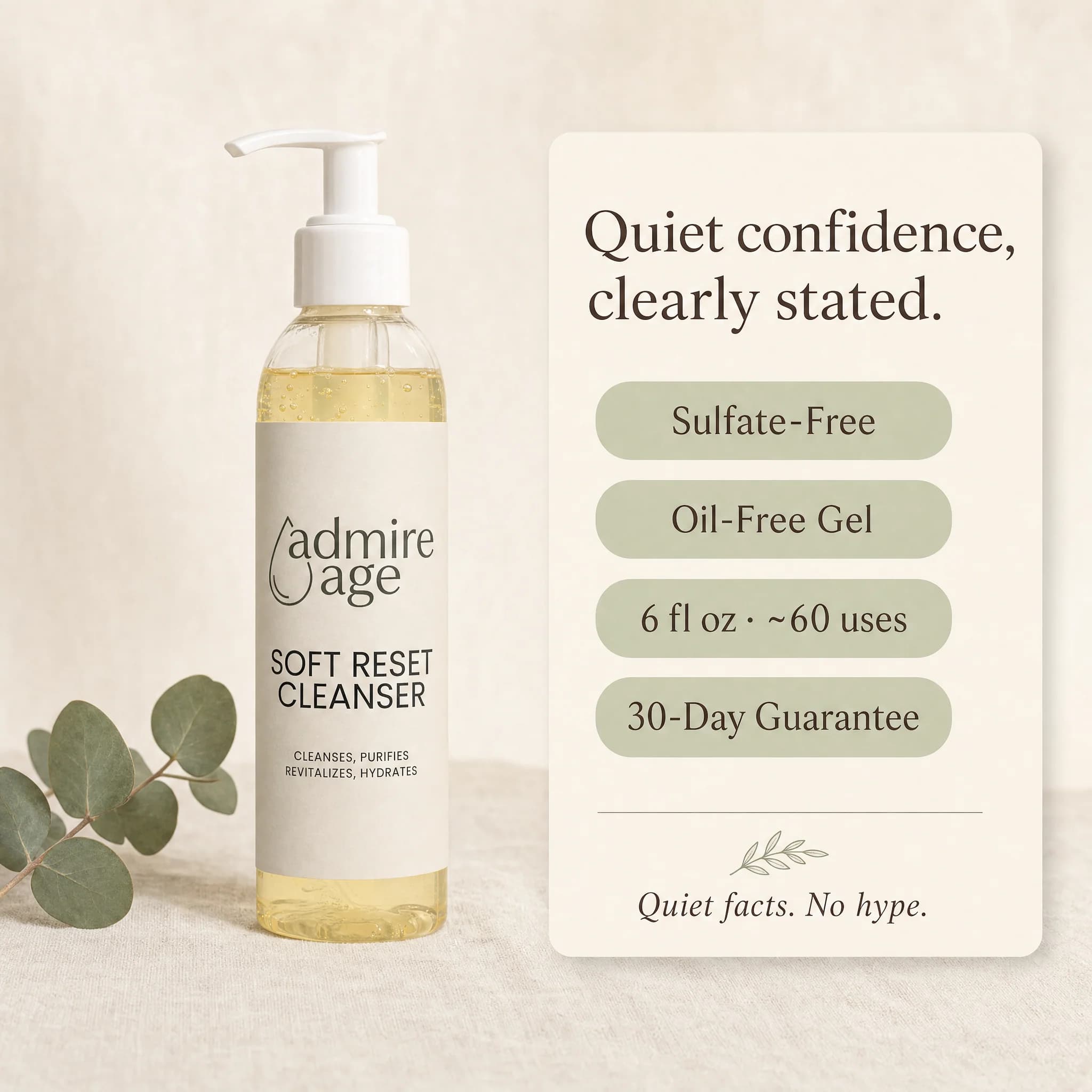The Soft Reset Cleanser bottle on a cream linen surface beside a eucalyptus sprig, with an ivory card to the right titled 'Quiet confidence, clearly stated.' listing four sage-green pill badges — Sulfate-Free, Oil-Free Gel, 6 fl oz · ~60 uses, 30-Day Guarantee — above a leaf flourish and the line 'Quiet facts. No hype.'