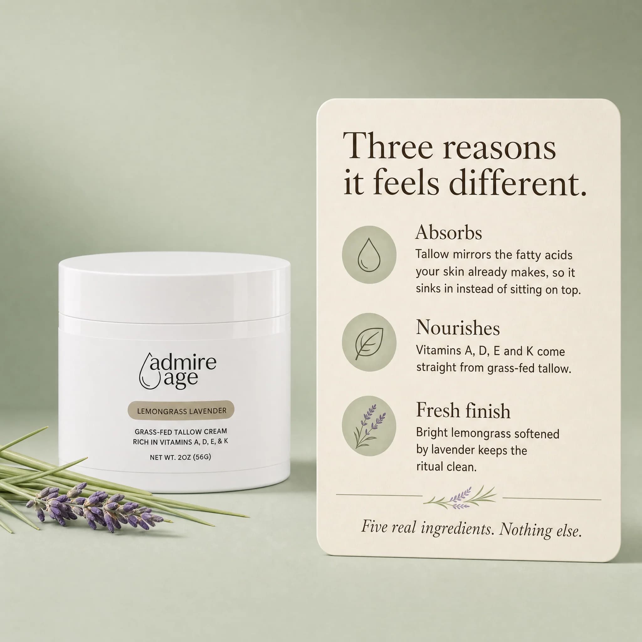 Card listing three reasons Lemongrass Lavender feels different: absorbs, nourishes, fresh finish