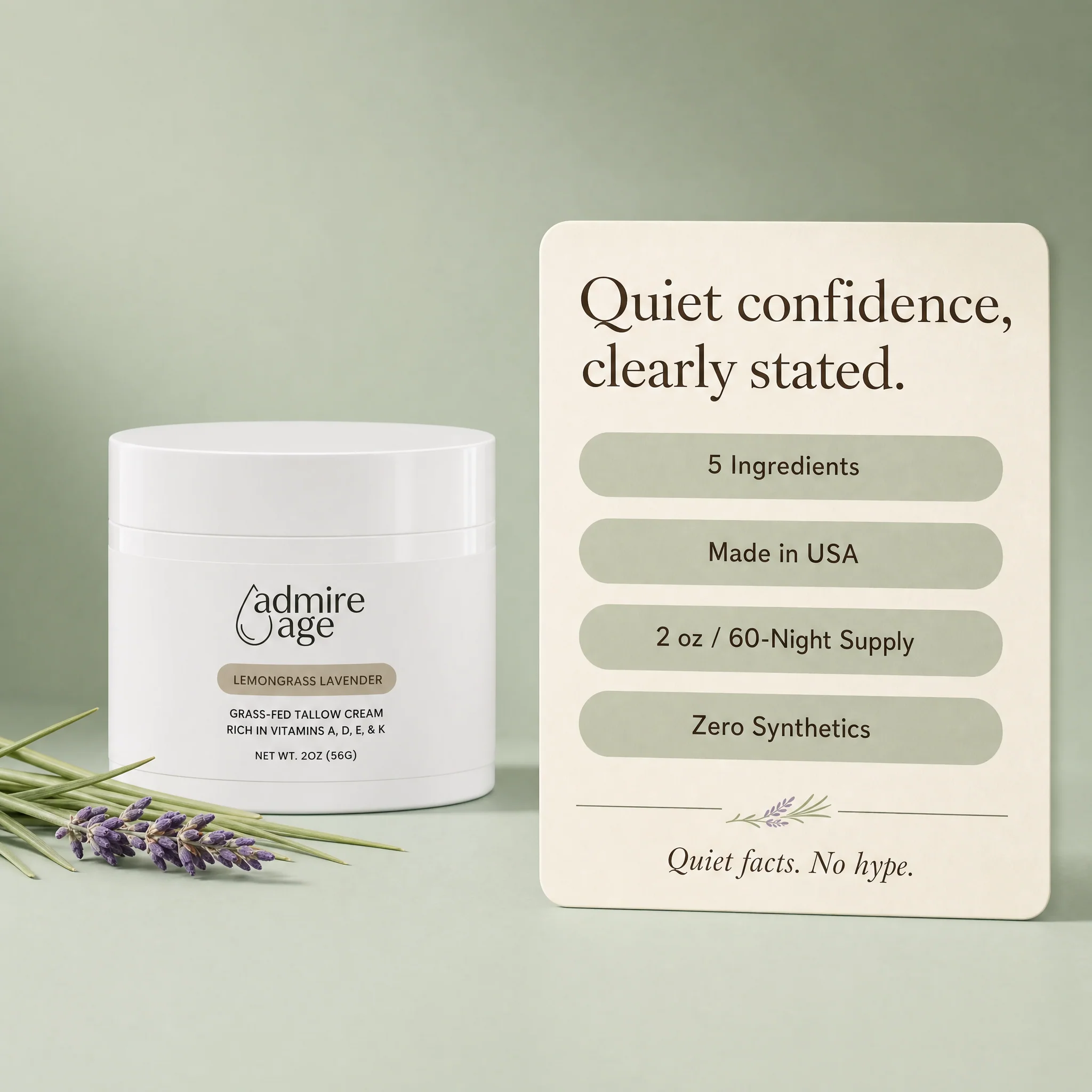 Trust card: 5 ingredients, made in USA, 2 oz 60-day supply, no synthetic fragrance
