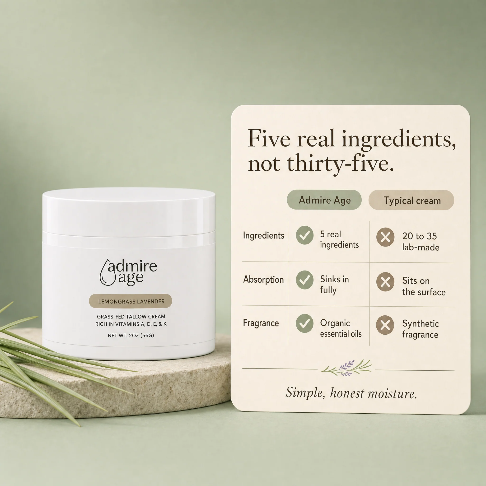 Comparison card: Admire Age versus a typical cream on ingredients, absorption, and fragrance